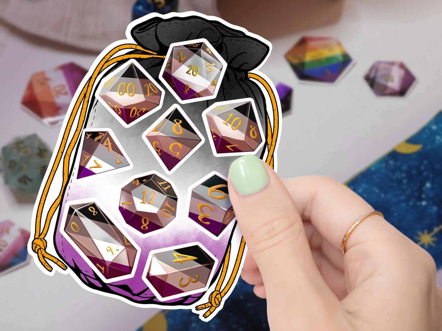 ACE PRIDE Dice Vinyl Kiss Cut Sticker sheet Asexual DnD TTRPG Glossy or Matte Splashproof Dice Bag Sticker set of 9 Polyhedral Dice Sweethaven Cottage