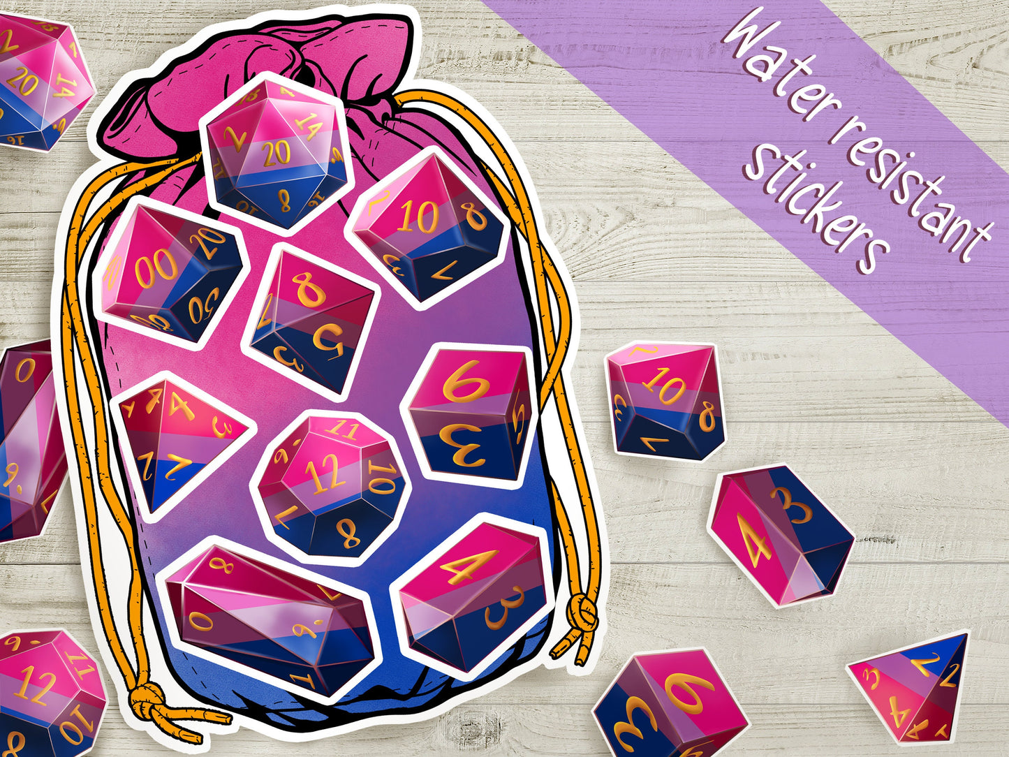 BI PRIDE Dice Vinyl Kiss Cut Sticker sheet Bisexual DnD TTRPG Matte Splashproof Dice Bag Sticker set of 9 Polyhedral Dice Sweethaven Cottage