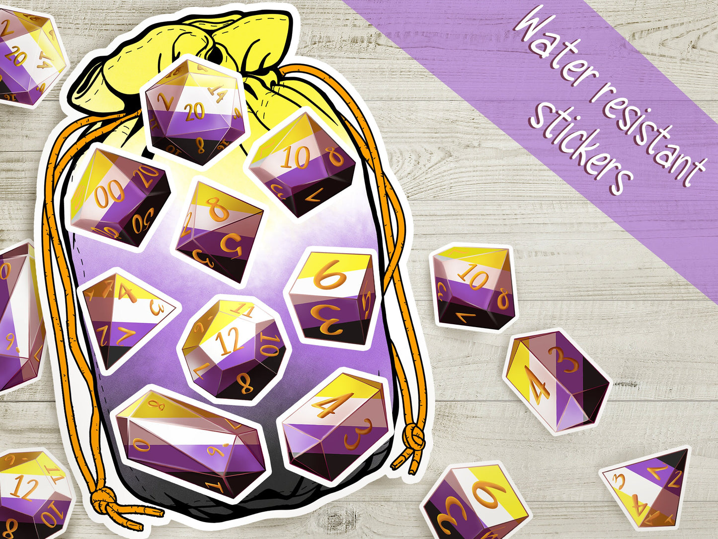 NONBINARY PRIDE Dice Vinyl Kiss Cut Sticker sheet ENBY DnD TTRpG Glossy or Matte Splashproof Dice Bag Sticker set of 9 Polyhedral Dice Sweethaven Cottage