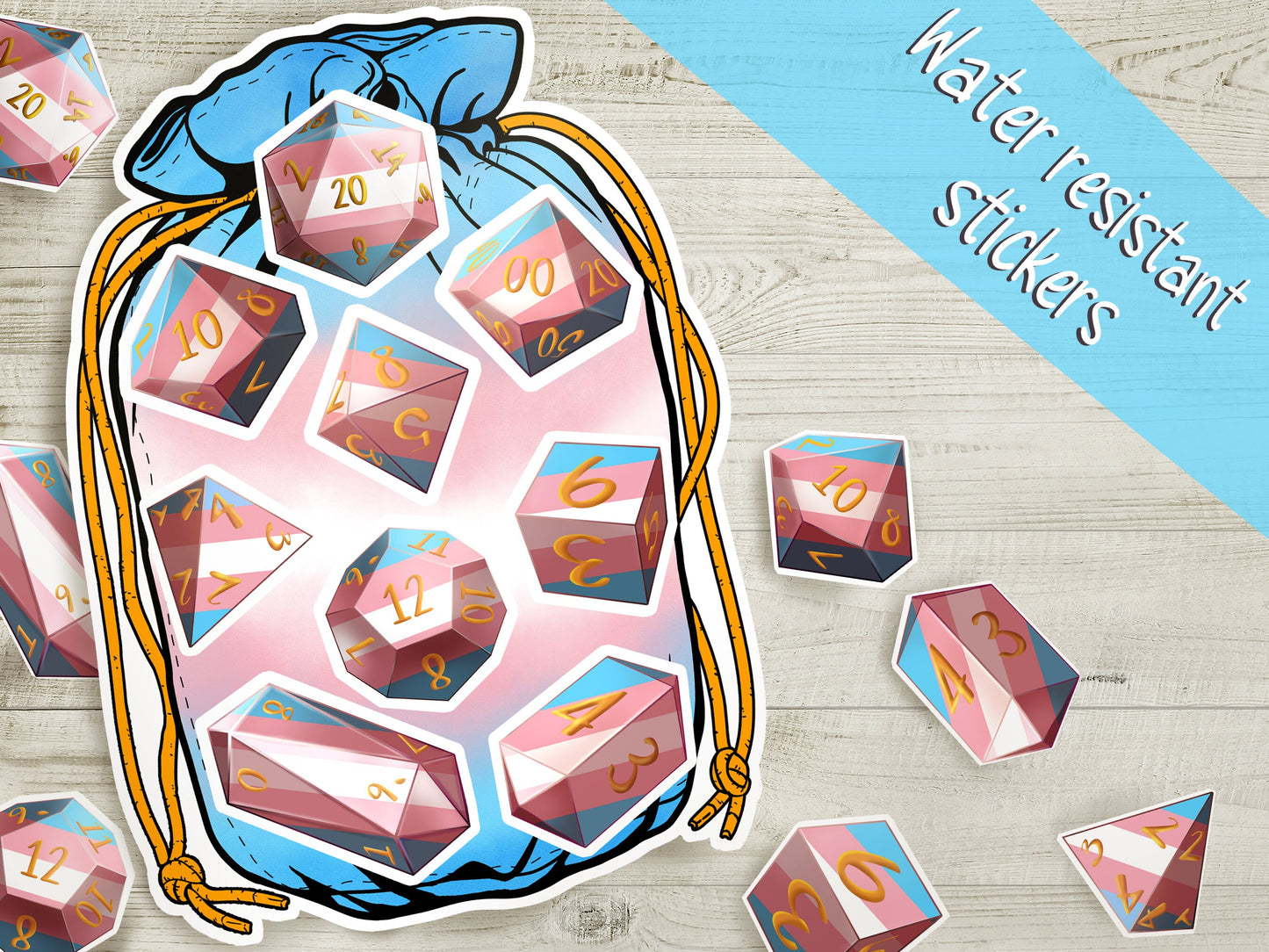TRANS PRIDE Dice Vinyl Kiss Cut Sticker sheet Transgender DnD TTRPG Glossy or Matte Splash-proof Dice Bag Sticker set of 9 Polyhedral Dice Sweethaven Cottage