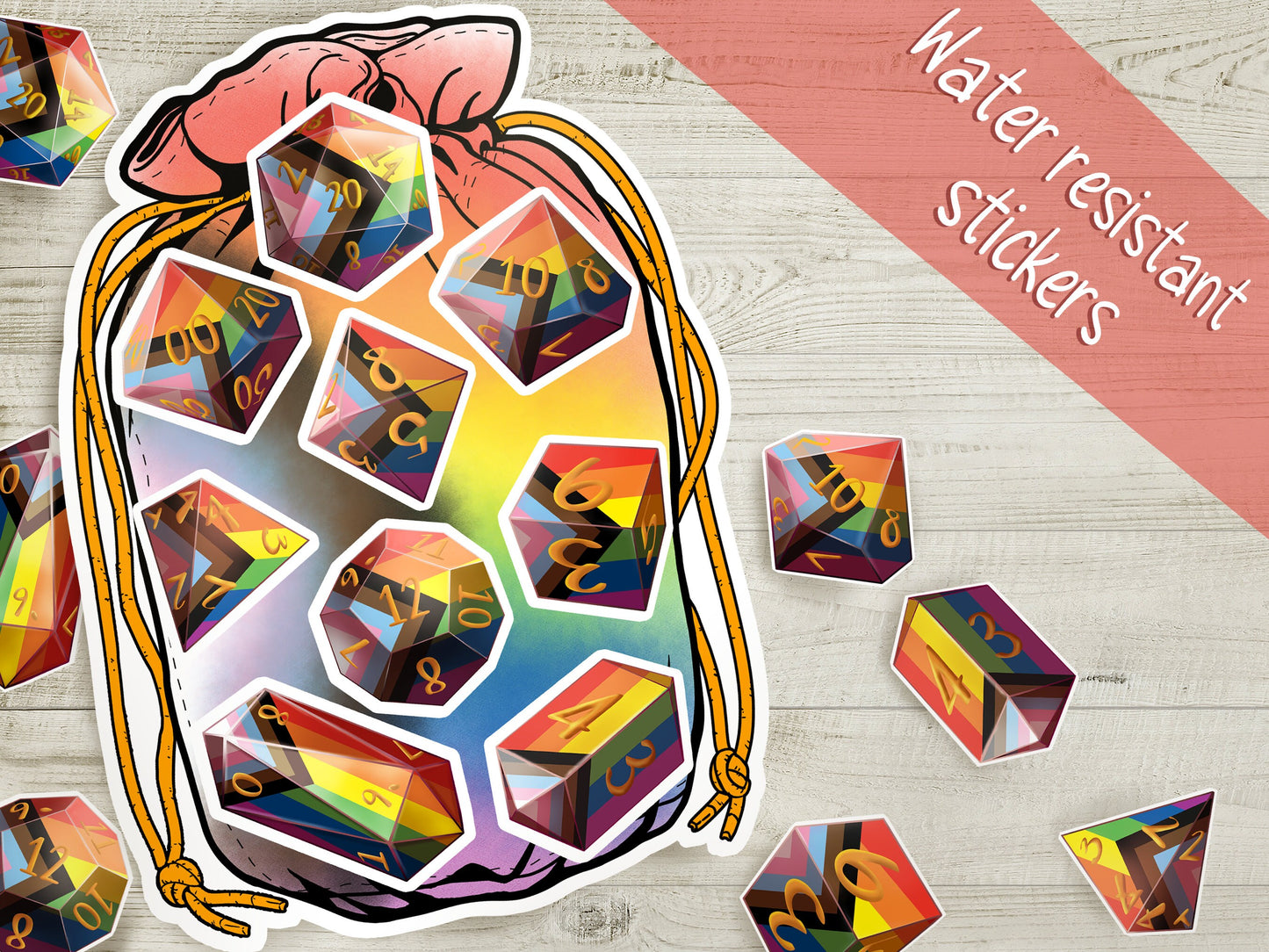 PRIDE DICE Vinyl Kiss Cut Sticker sheet Inclusive Pride DnD TTRPG Matte or Glossy Splashproof Dice Bag Sticker set of 9 Polyhedral Dice Sweethaven Cottage