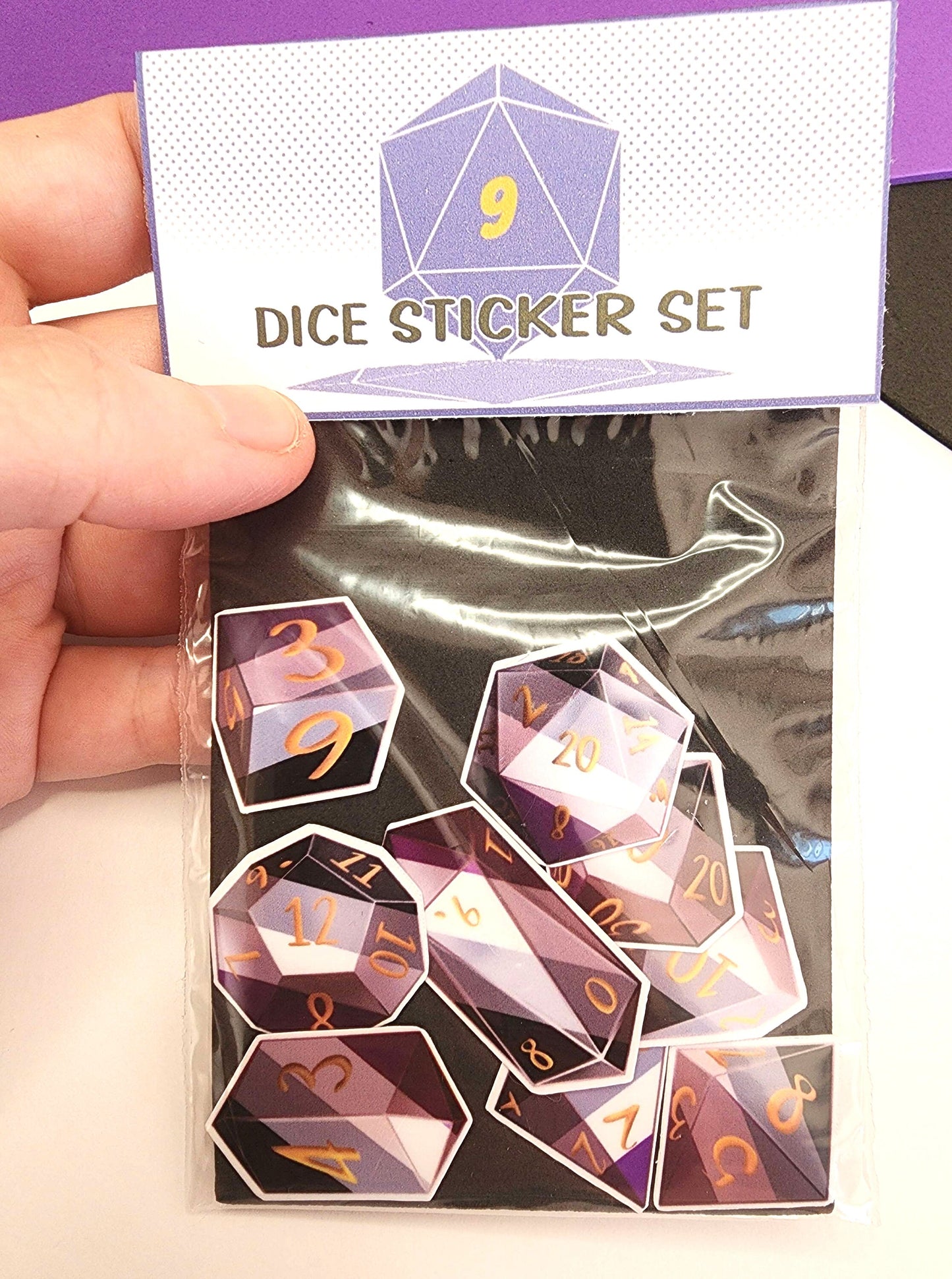 ACE PRIDE DICE Vinyl Sticker set of 9 Semi-glossy Dishwasher-safe laminated vinyl Polyhedral Dice stickers DnD D20 TTRpg Sweethaven Cottage