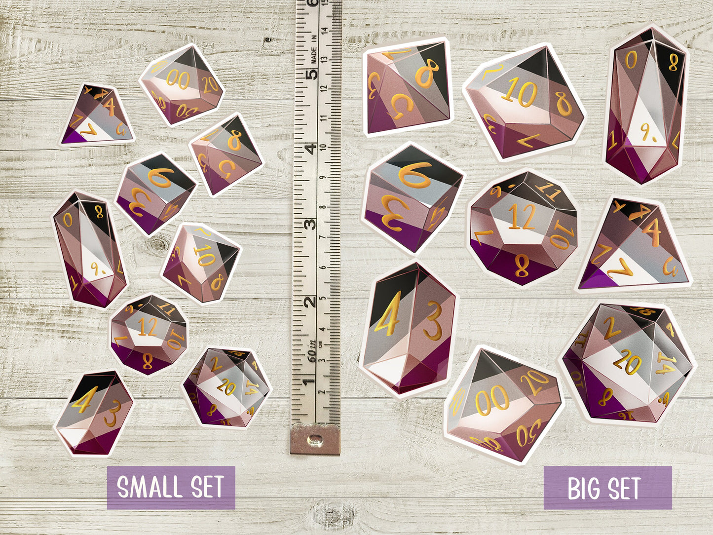 ACE PRIDE DICE Vinyl Sticker set of 9 Semi-glossy Dishwasher-safe laminated vinyl Polyhedral Dice stickers DnD D20 TTRpg Sweethaven Cottage