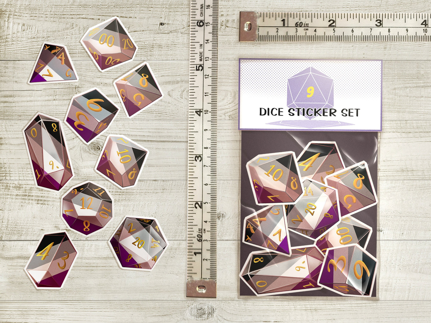 ACE PRIDE DICE Vinyl Sticker set of 9 Semi-glossy Dishwasher-safe laminated vinyl Polyhedral Dice stickers DnD D20 TTRpg Sweethaven Cottage