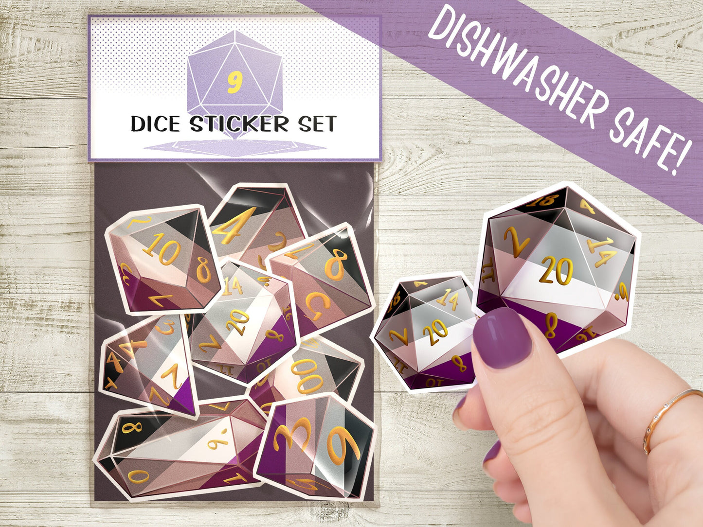 ACE PRIDE DICE Vinyl Sticker set of 9 Semi-glossy Dishwasher-safe laminated vinyl Polyhedral Dice stickers DnD D20 TTRpg Sweethaven Cottage