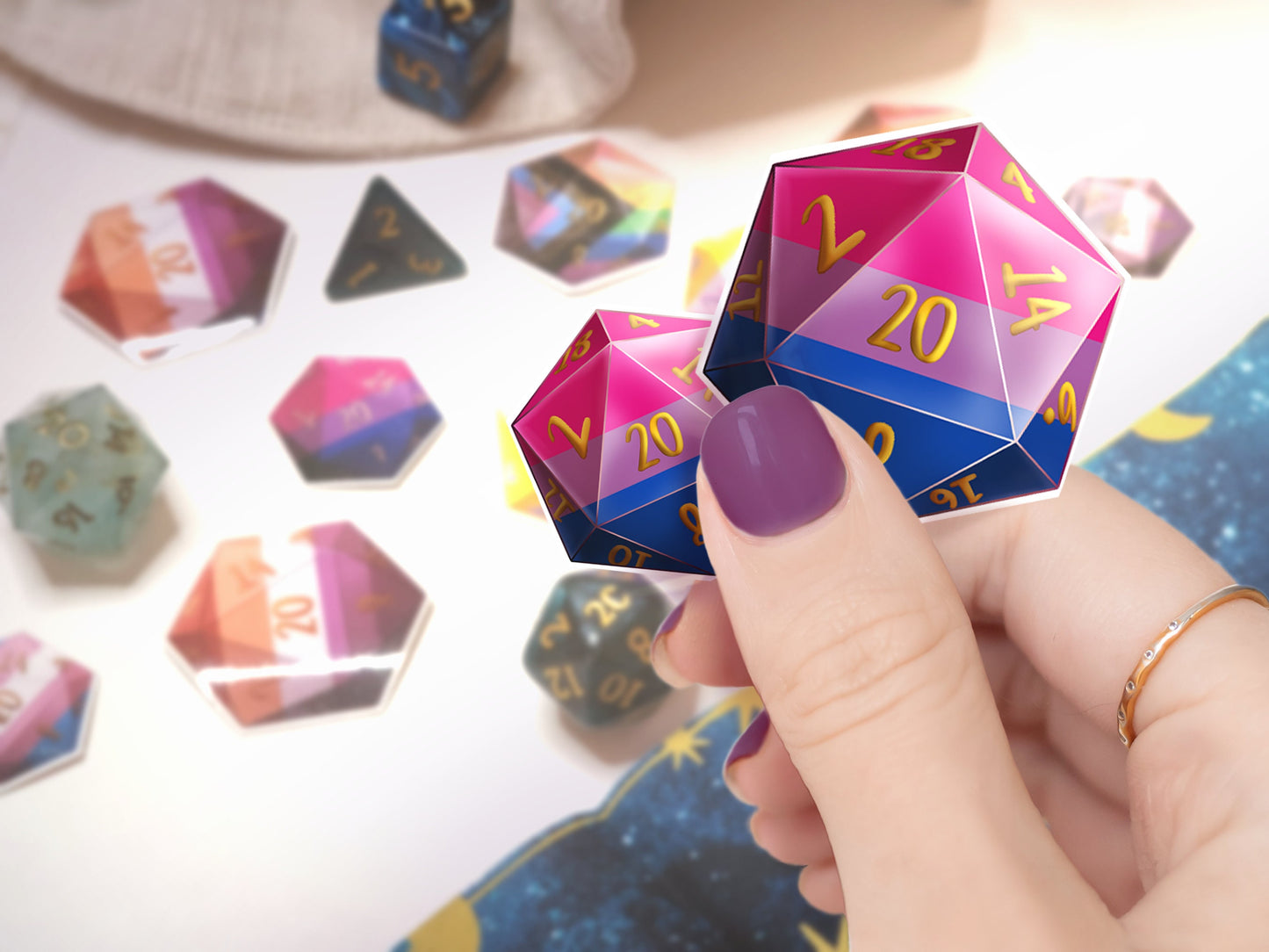 Bi PRIDE DICE Vinyl Sticker set of 9 Semi-glossy Dishwasher-safe laminated vinyl Polyhedral Dice Bisexual stickers DnD D20 TTRpg Sweethaven Cottage