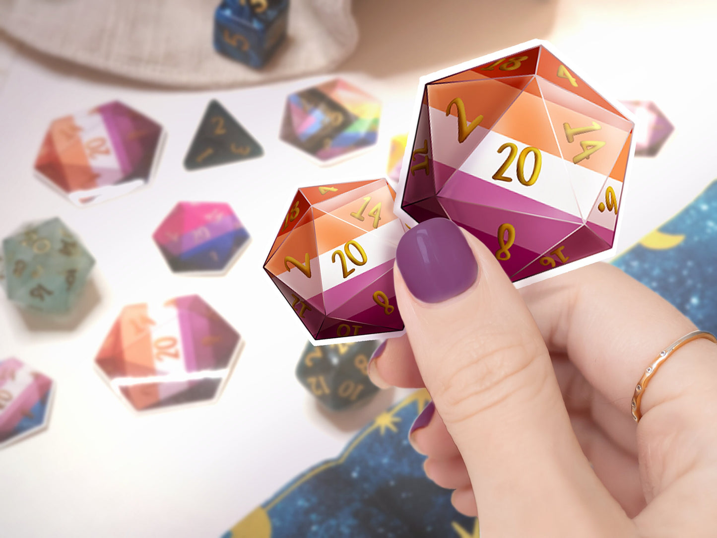 LESBIAN PRIDE DICE Vinyl Sticker set of 9 Semi-glossy Dishwasher-safe laminated vinyl Sapphic Polyhedral Dice stickers DnD D20 TTRpg Sweethaven Cottage