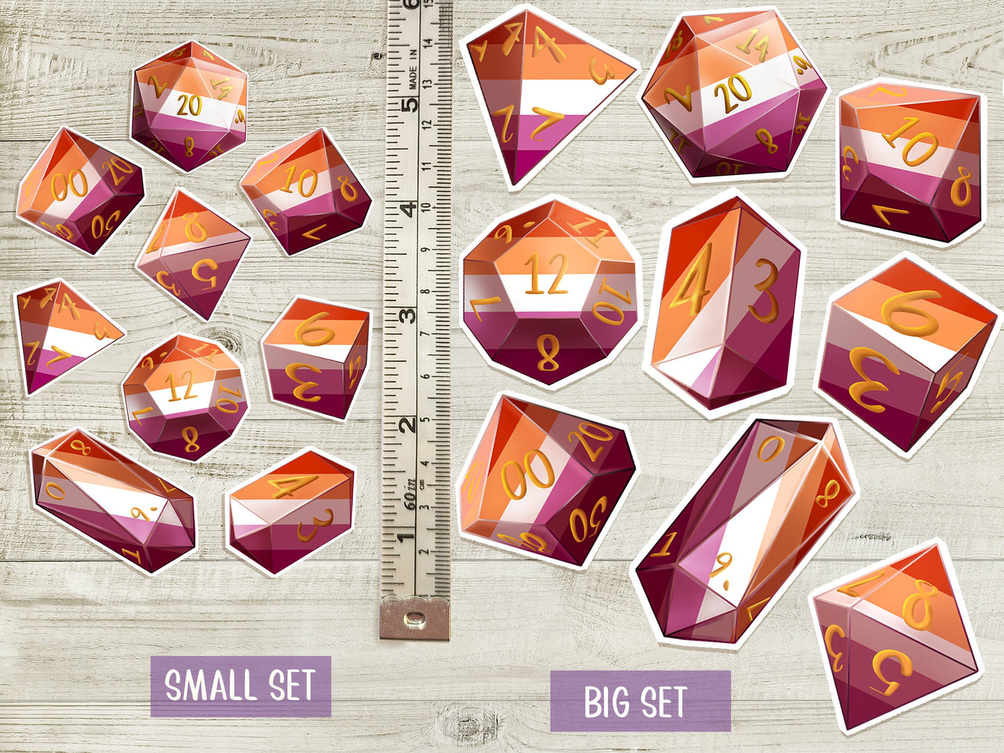 LESBIAN PRIDE DICE Vinyl Sticker set of 9 Semi-glossy Dishwasher-safe laminated vinyl Sapphic Polyhedral Dice stickers DnD D20 TTRpg Sweethaven Cottage