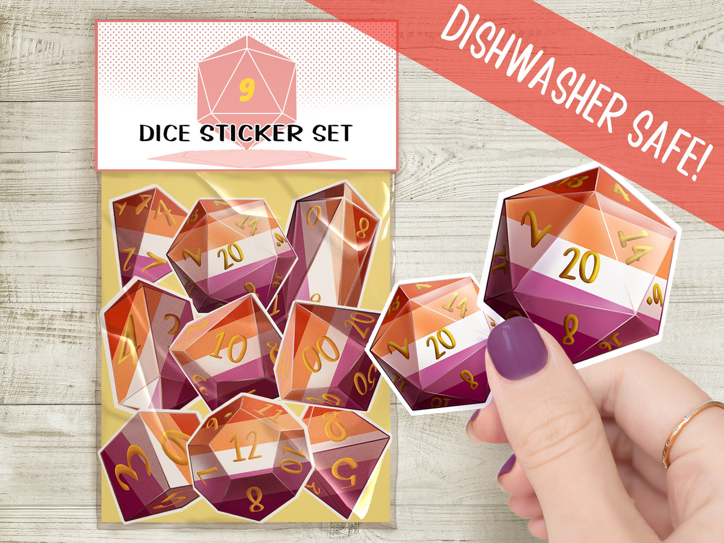 LESBIAN PRIDE DICE Vinyl Sticker set of 9 Semi-glossy Dishwasher-safe laminated vinyl Sapphic Polyhedral Dice stickers DnD D20 TTRpg Sweethaven Cottage