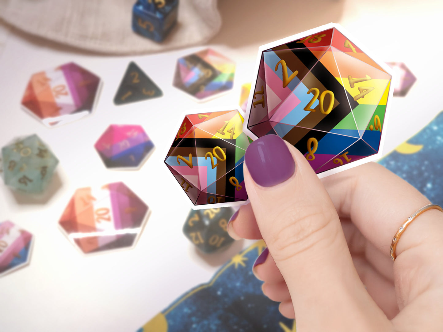 LGBTQIA PRIDE DICE Vinyl Sticker set of 9 Semi-glossy Dishwasher-safe laminated vinyl Progress Pride Polyhedral Dice stickers DnD D20 TTRpg Sweethaven Cottage