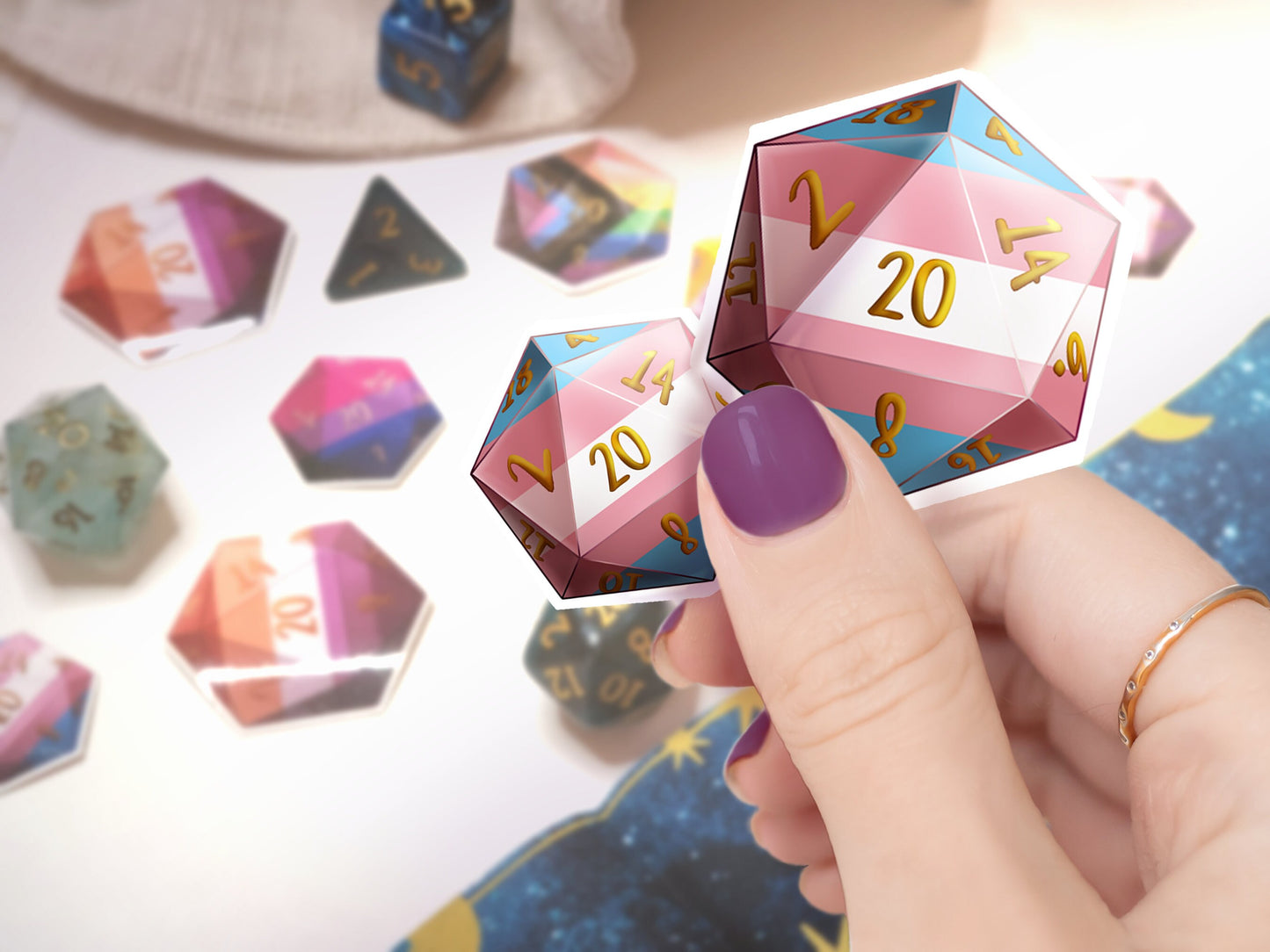 TRANS PRIDE DICE Vinyl Sticker set of 9 Semi-glossy Dishwasher-safe laminated vinyl Transgender Pride Polyhedral Dice stickers DnD D20 TTRpg Sweethaven Cottage