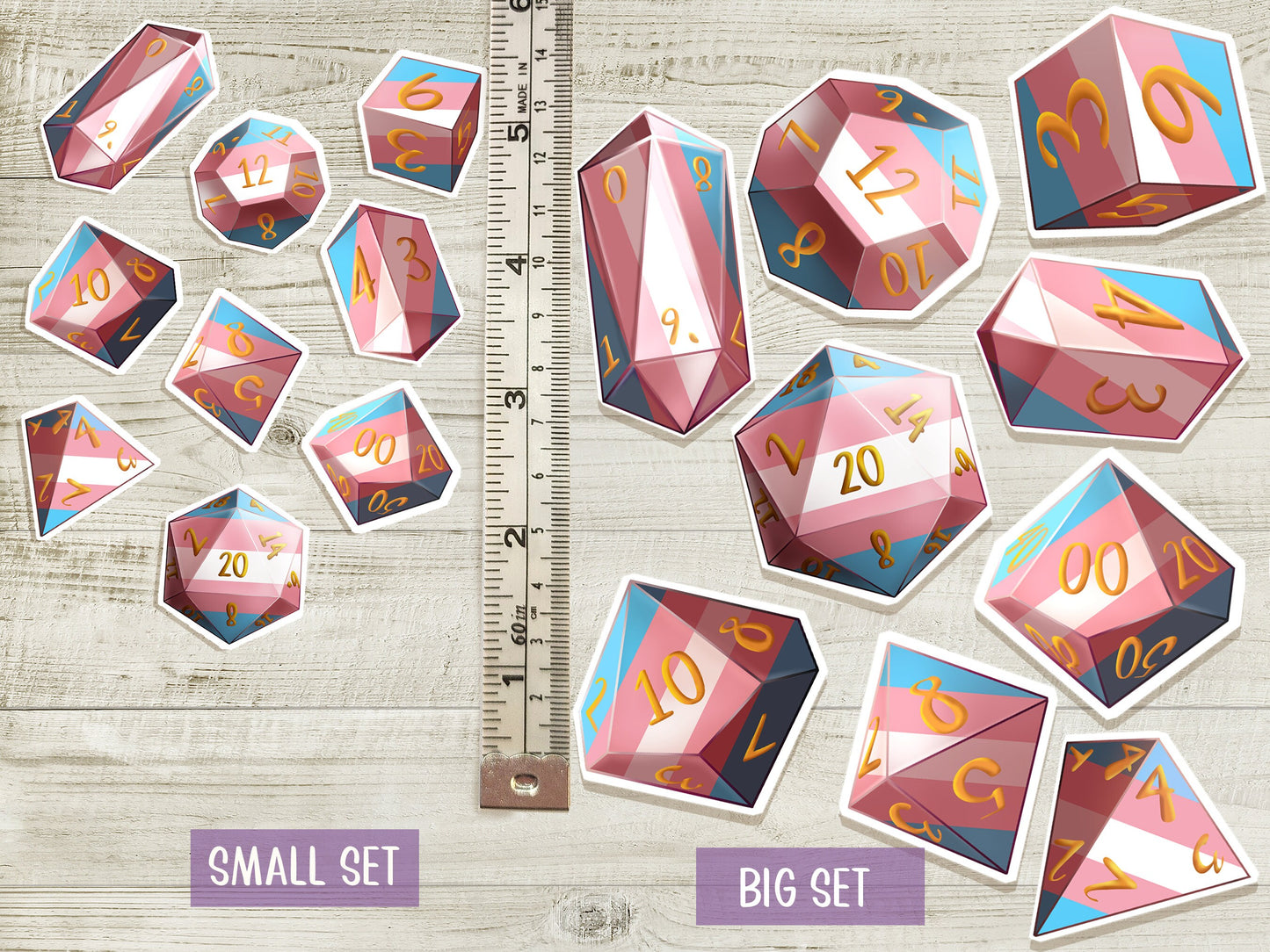 TRANS PRIDE DICE Vinyl Sticker set of 9 Semi-glossy Dishwasher-safe laminated vinyl Transgender Pride Polyhedral Dice stickers DnD D20 TTRpg Sweethaven Cottage