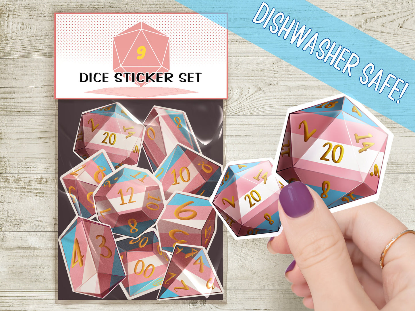 TRANS PRIDE DICE Vinyl Sticker set of 9 Semi-glossy Dishwasher-safe laminated vinyl Transgender Pride Polyhedral Dice stickers DnD D20 TTRpg Sweethaven Cottage
