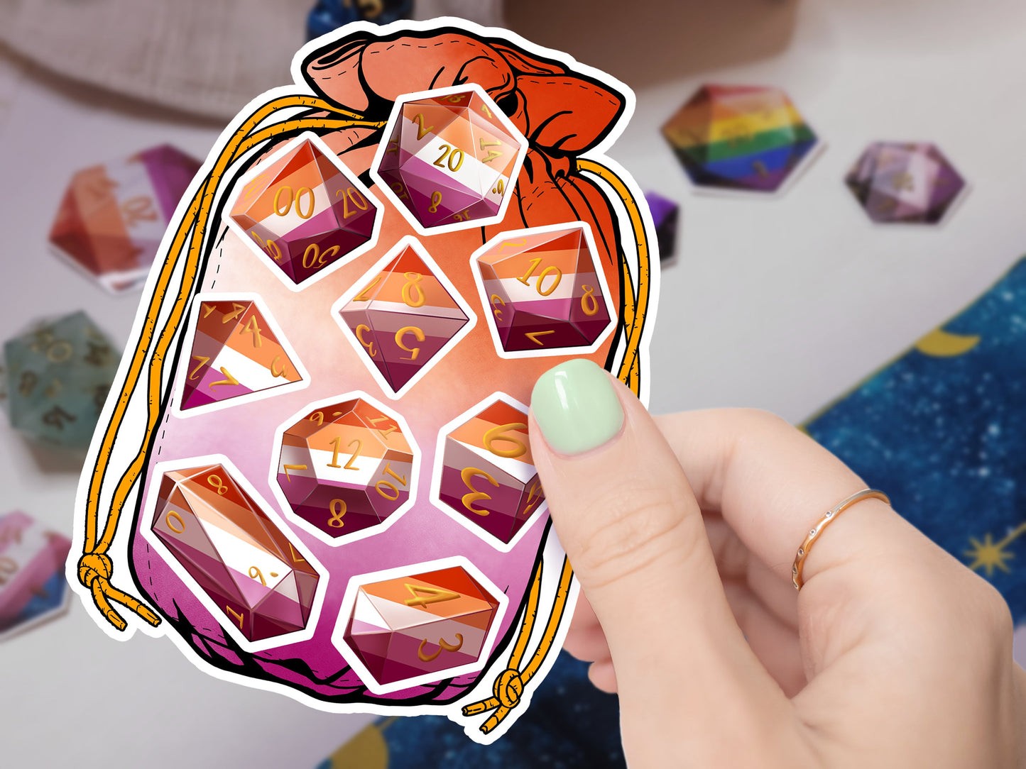 LESBIAN PRIDE Dice Vinyl Kiss Cut Sticker sheet DnD TTRPG Glossy or Matte Splashproof Dice Bag Sticker set of 9 Polyhedral Dice Sweethaven Cottage