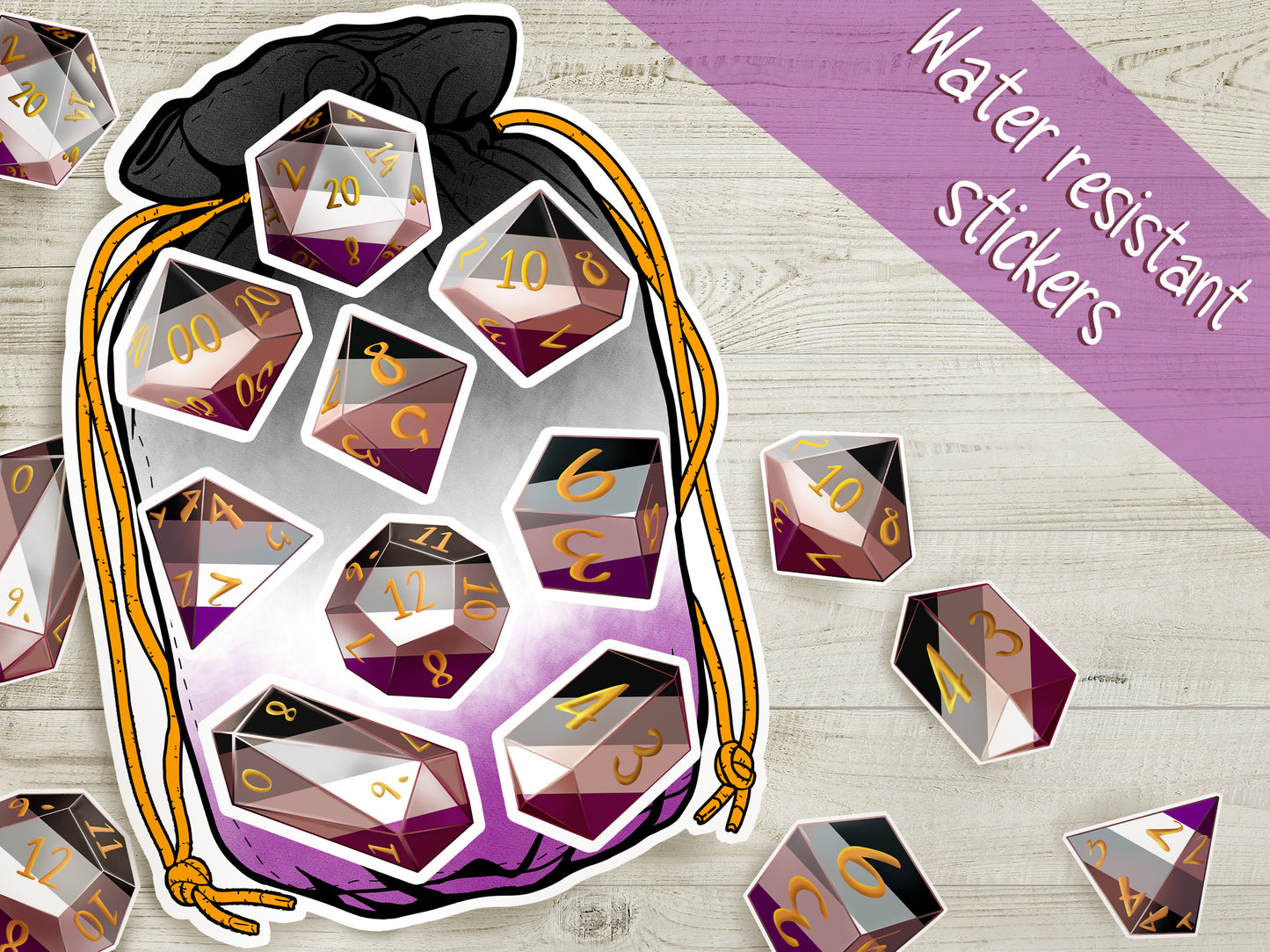 ACE PRIDE Dice Vinyl Kiss Cut Sticker sheet Asexual DnD TTRPG Glossy or Matte Splashproof Dice Bag Sticker set of 9 Polyhedral Dice Sweethaven Cottage