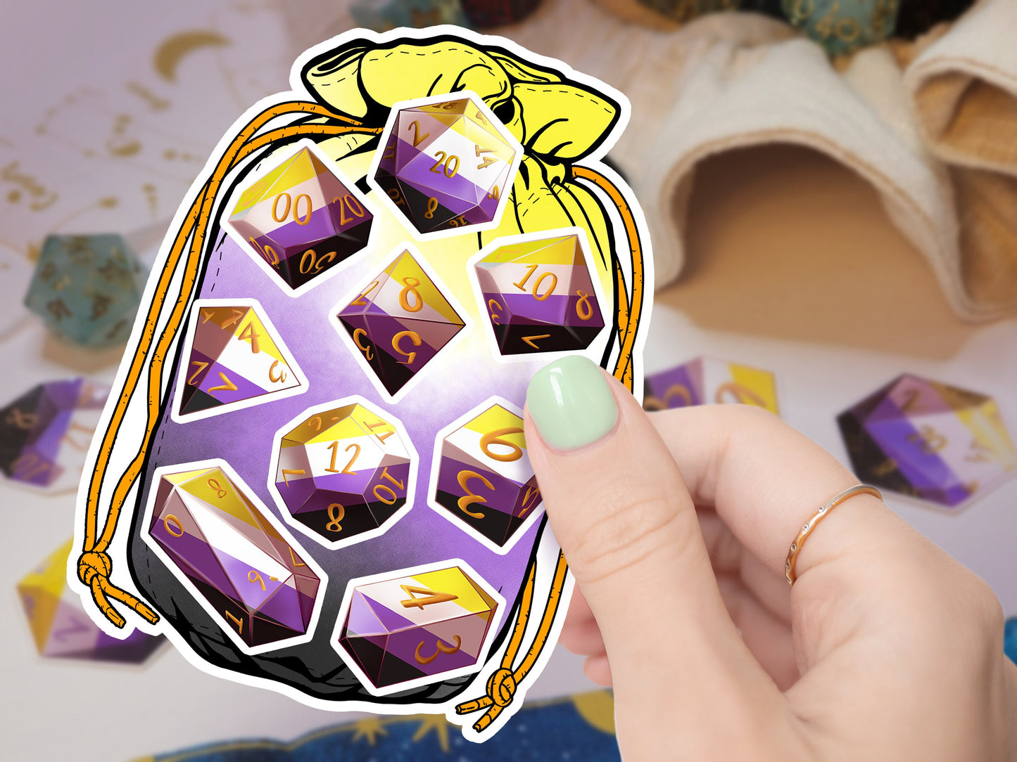 NONBINARY PRIDE Dice Vinyl Kiss Cut Sticker sheet ENBY DnD TTRpG Glossy or Matte Splashproof Dice Bag Sticker set of 9 Polyhedral Dice Sweethaven Cottage