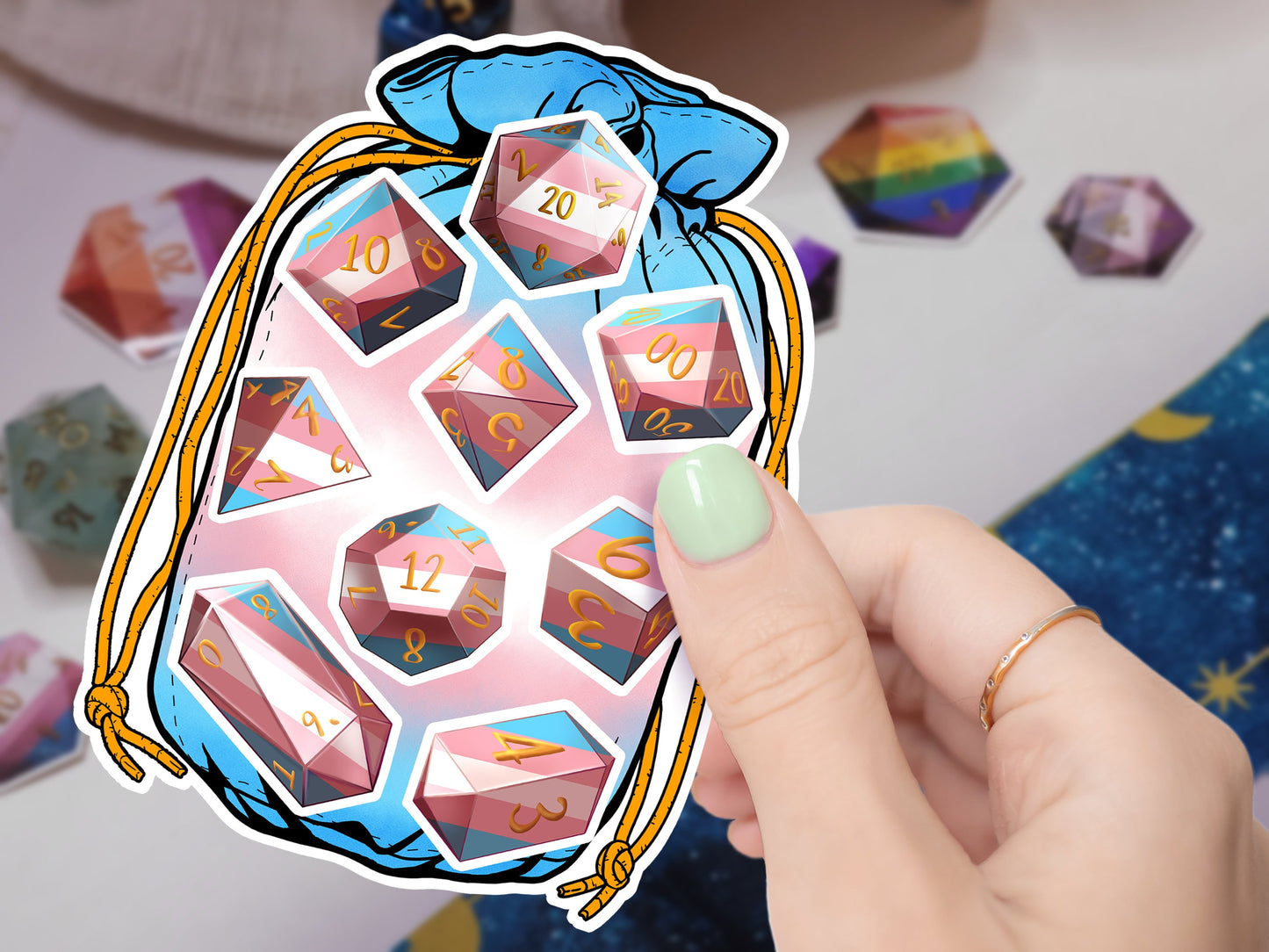 TRANS PRIDE Dice Vinyl Kiss Cut Sticker sheet Transgender DnD TTRPG Glossy or Matte Splash-proof Dice Bag Sticker set of 9 Polyhedral Dice Sweethaven Cottage