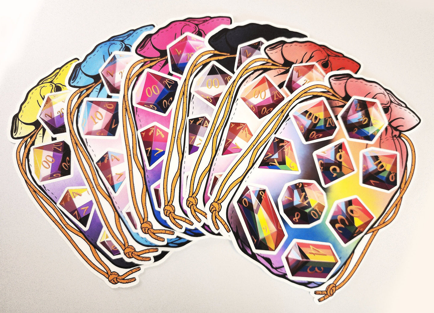 PRIDE DICE Vinyl Kiss Cut Sticker sheet Inclusive Pride DnD TTRPG Matte or Glossy Splashproof Dice Bag Sticker set of 9 Polyhedral Dice Sweethaven Cottage