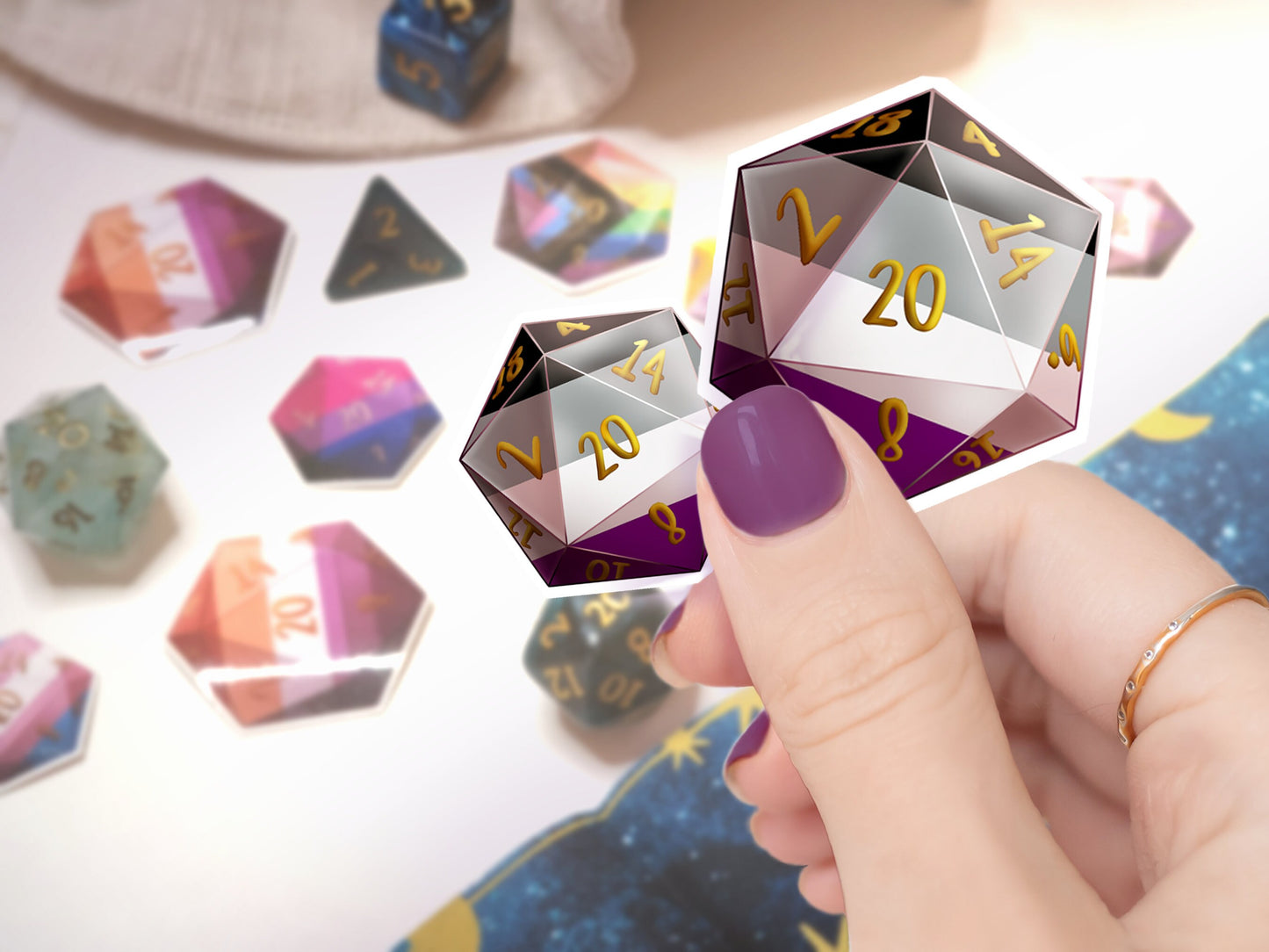 ACE PRIDE DICE Vinyl Sticker set of 9 Semi-glossy Dishwasher-safe laminated vinyl Polyhedral Dice stickers DnD D20 TTRpg Sweethaven Cottage