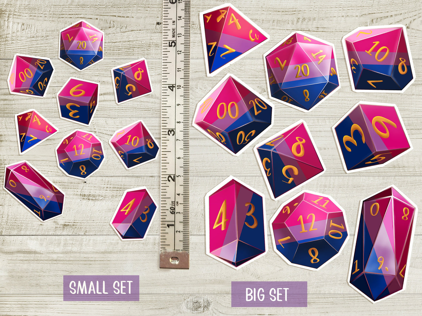 Bi PRIDE DICE Vinyl Sticker set of 9 Semi-glossy Dishwasher-safe laminated vinyl Polyhedral Dice Bisexual stickers DnD D20 TTRpg Sweethaven Cottage