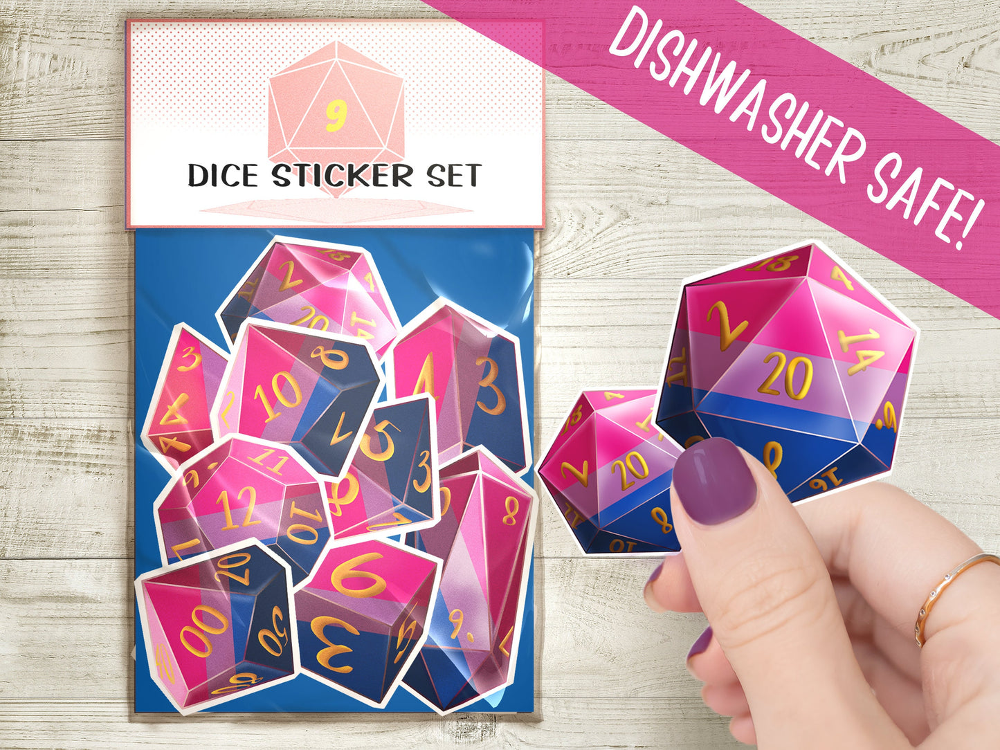 Bi PRIDE DICE Vinyl Sticker set of 9 Semi-glossy Dishwasher-safe laminated vinyl Polyhedral Dice Bisexual stickers DnD D20 TTRpg Sweethaven Cottage
