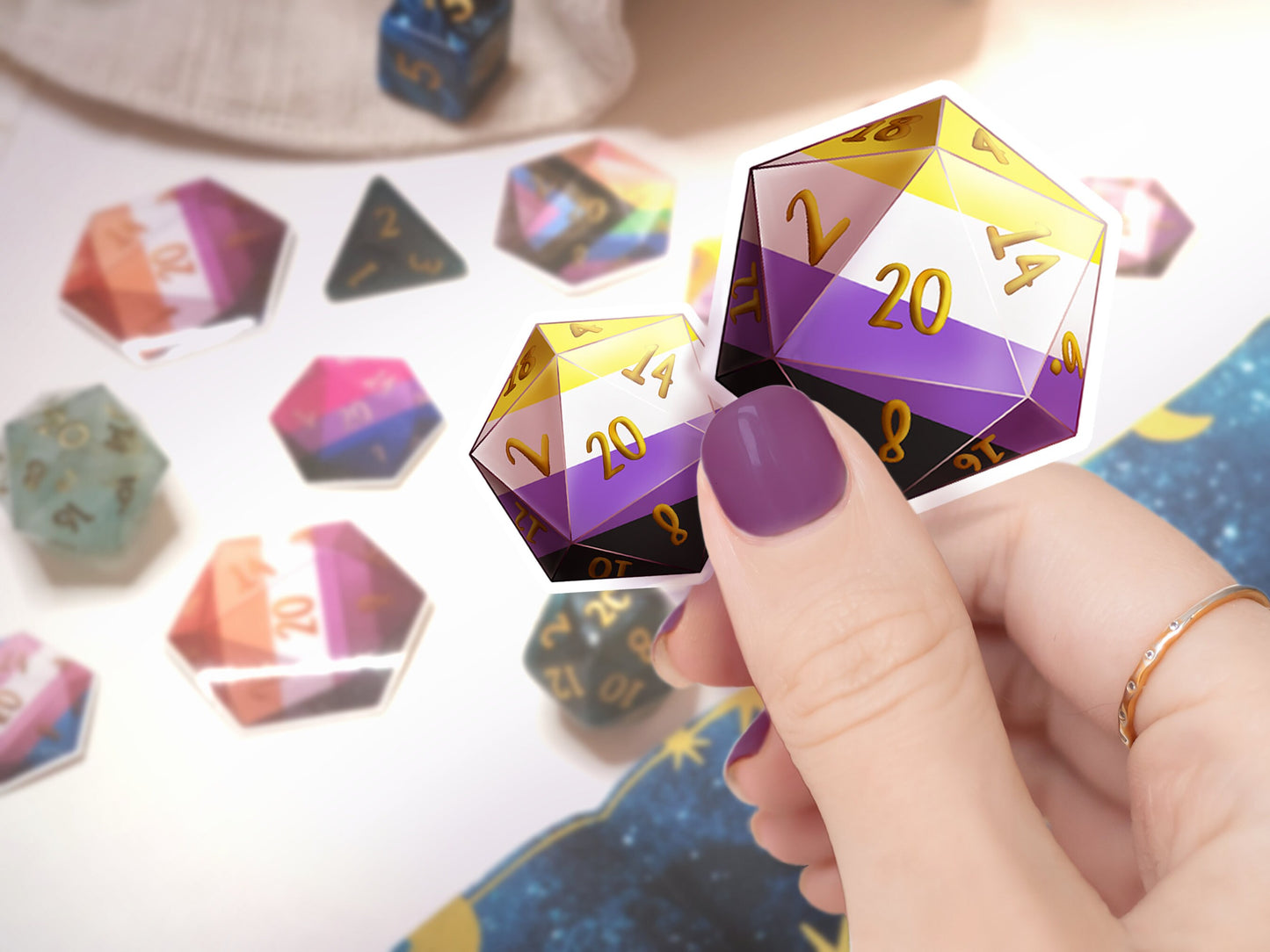 ENBY Non-Binary PRIDE DICE Vinyl Sticker set of 9 Semi-glossy Dishwasher-safe laminated vinyl Polyhedral Dice stickers DnD D20 TTRpg Sweethaven Cottage