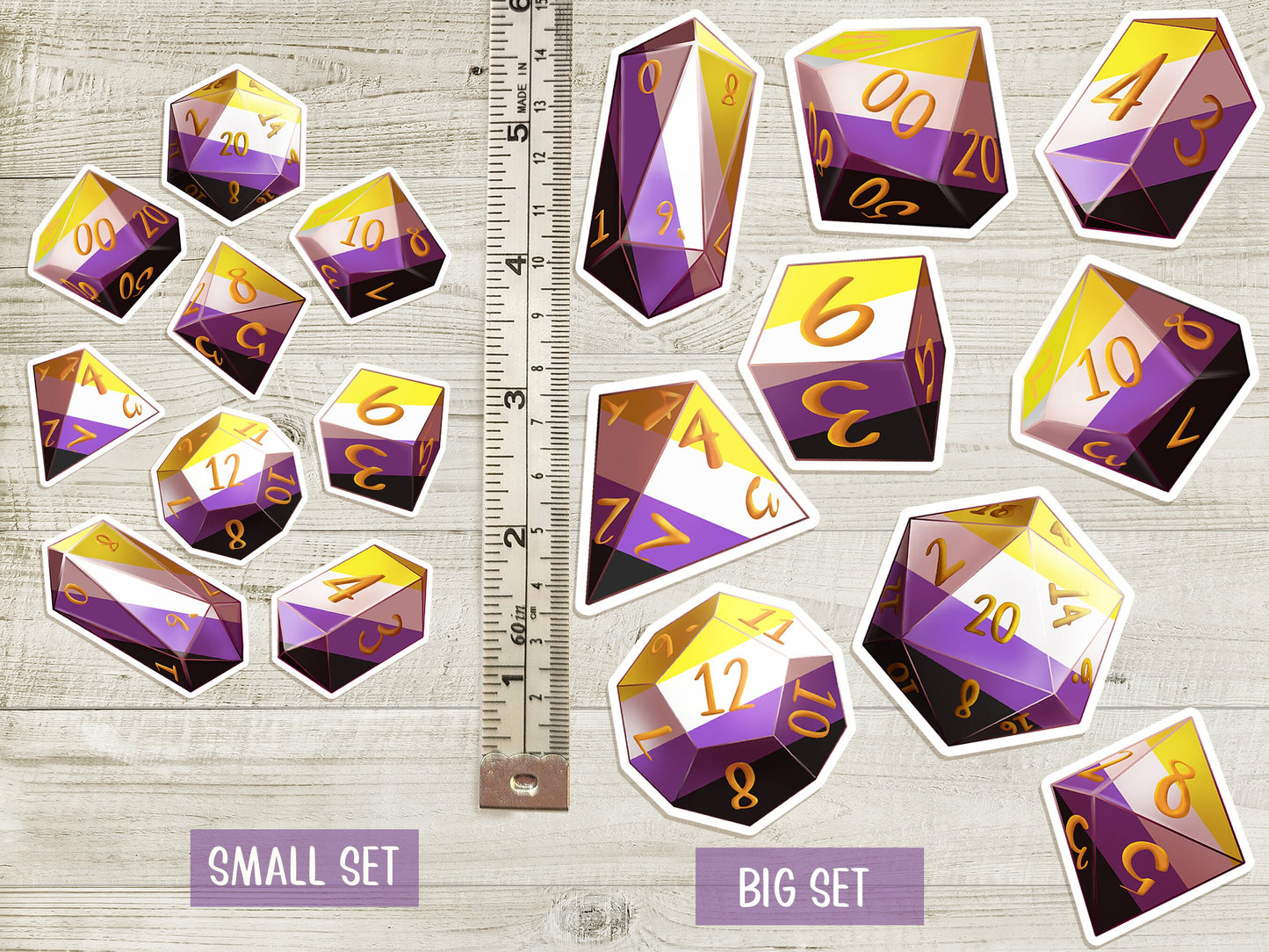 ENBY Non-Binary PRIDE DICE Vinyl Sticker set of 9 Semi-glossy Dishwasher-safe laminated vinyl Polyhedral Dice stickers DnD D20 TTRpg Sweethaven Cottage