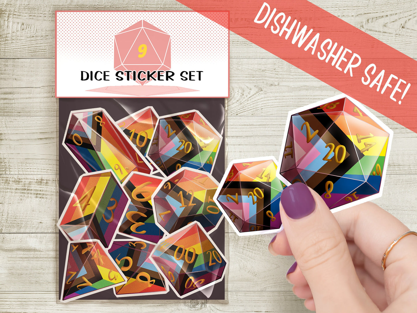 LGBTQIA PRIDE DICE Vinyl Sticker set of 9 Semi-glossy Dishwasher-safe laminated vinyl Progress Pride Polyhedral Dice stickers DnD D20 TTRpg Sweethaven Cottage