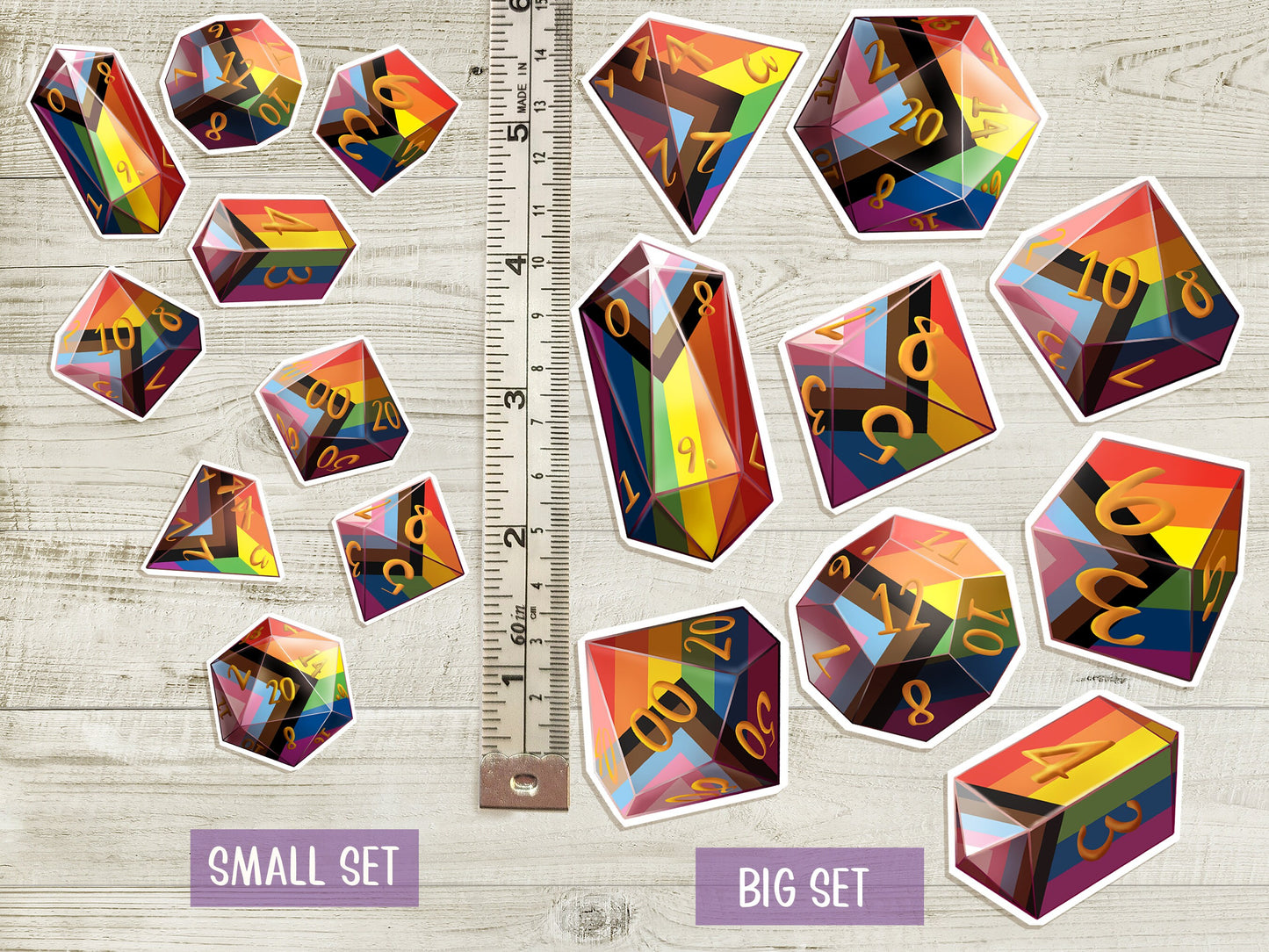 LGBTQIA PRIDE DICE Vinyl Sticker set of 9 Semi-glossy Dishwasher-safe laminated vinyl Progress Pride Polyhedral Dice stickers DnD D20 TTRpg Sweethaven Cottage