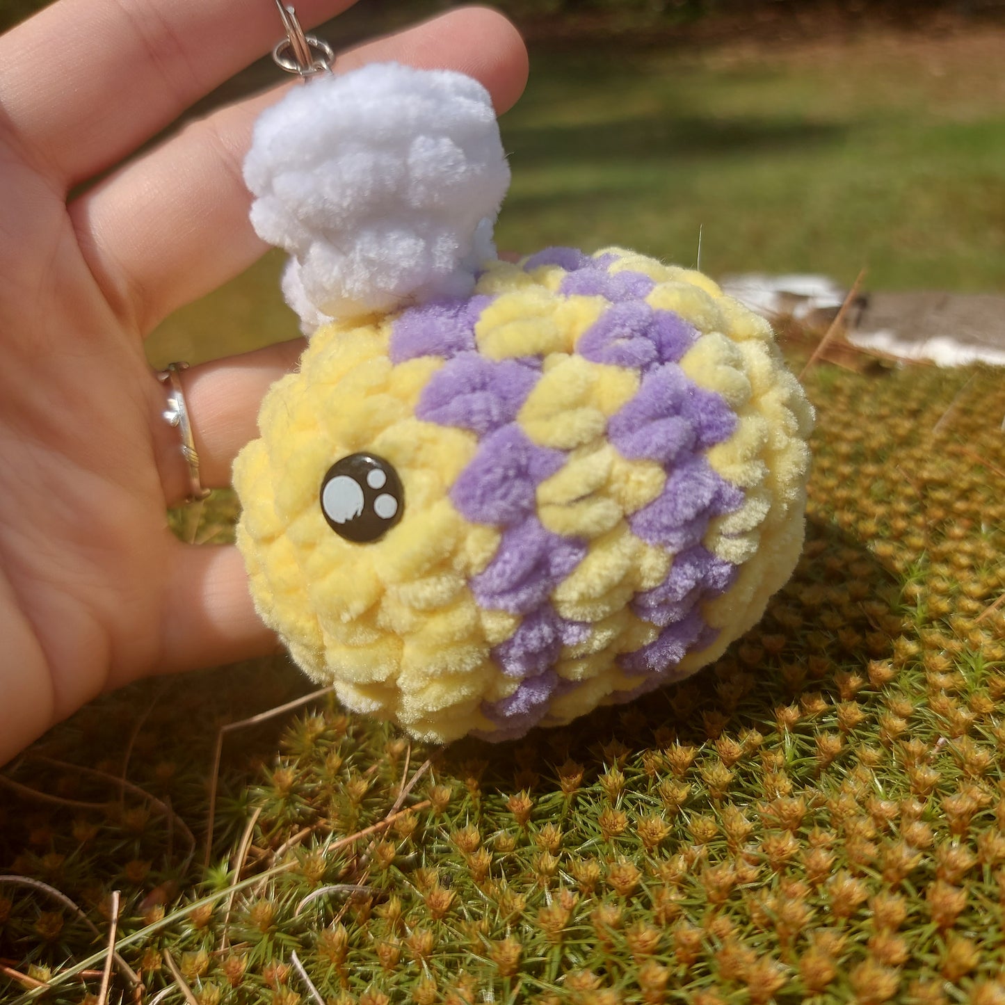 Crochet Bumblebee Keychain Cute Bumbleby Yellow and Purple Handmade fluffy soft honeybee amigurumi plush bee with keyring Sweethaven Cottage