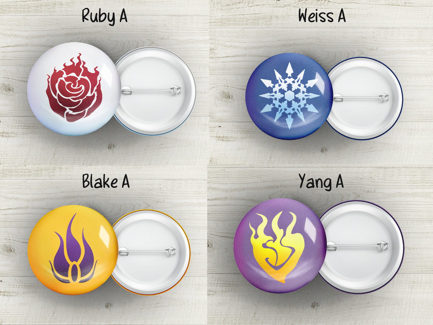 Team RWBY PIN Buttons SET 1.25 inch 32mm pinback button badge emblem pack Ruby Weiss Yang Blake symbols pins collection or single pins Sweethaven Cottage