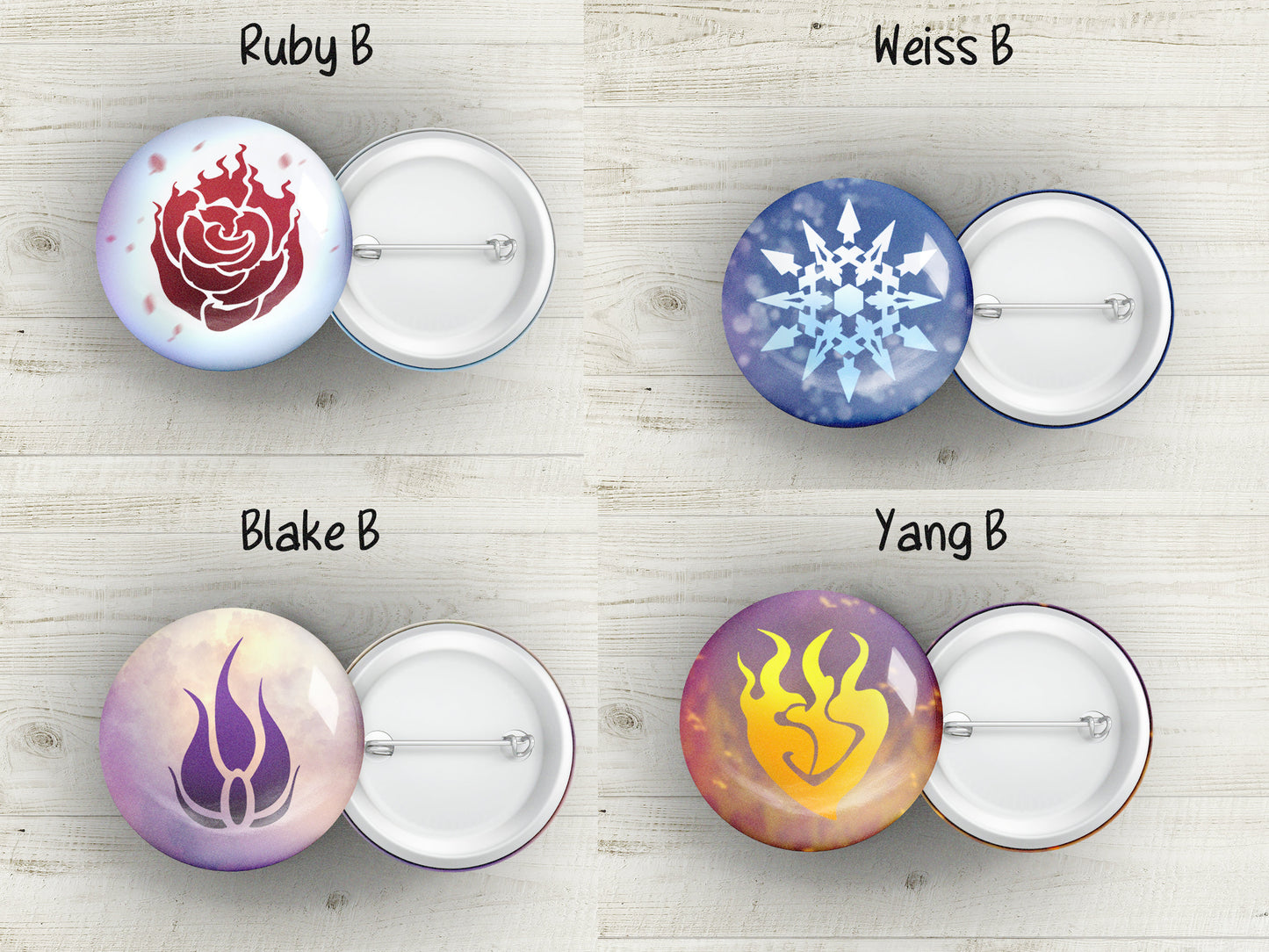 Team RWBY PIN Buttons SET 1.25 inch 32mm pinback button badge emblem pack Ruby Weiss Yang Blake symbols pins collection or single pins Sweethaven Cottage