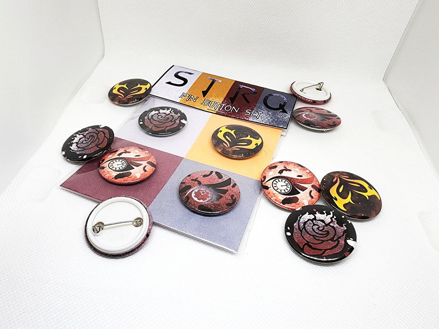 Team STRQ PIN Buttons SET 1.25" 32mm pinback button badge emblem pack Summer Rose, Taiyang, Raven and Qrow Branwen symbol pins collection Sweethaven Cottage