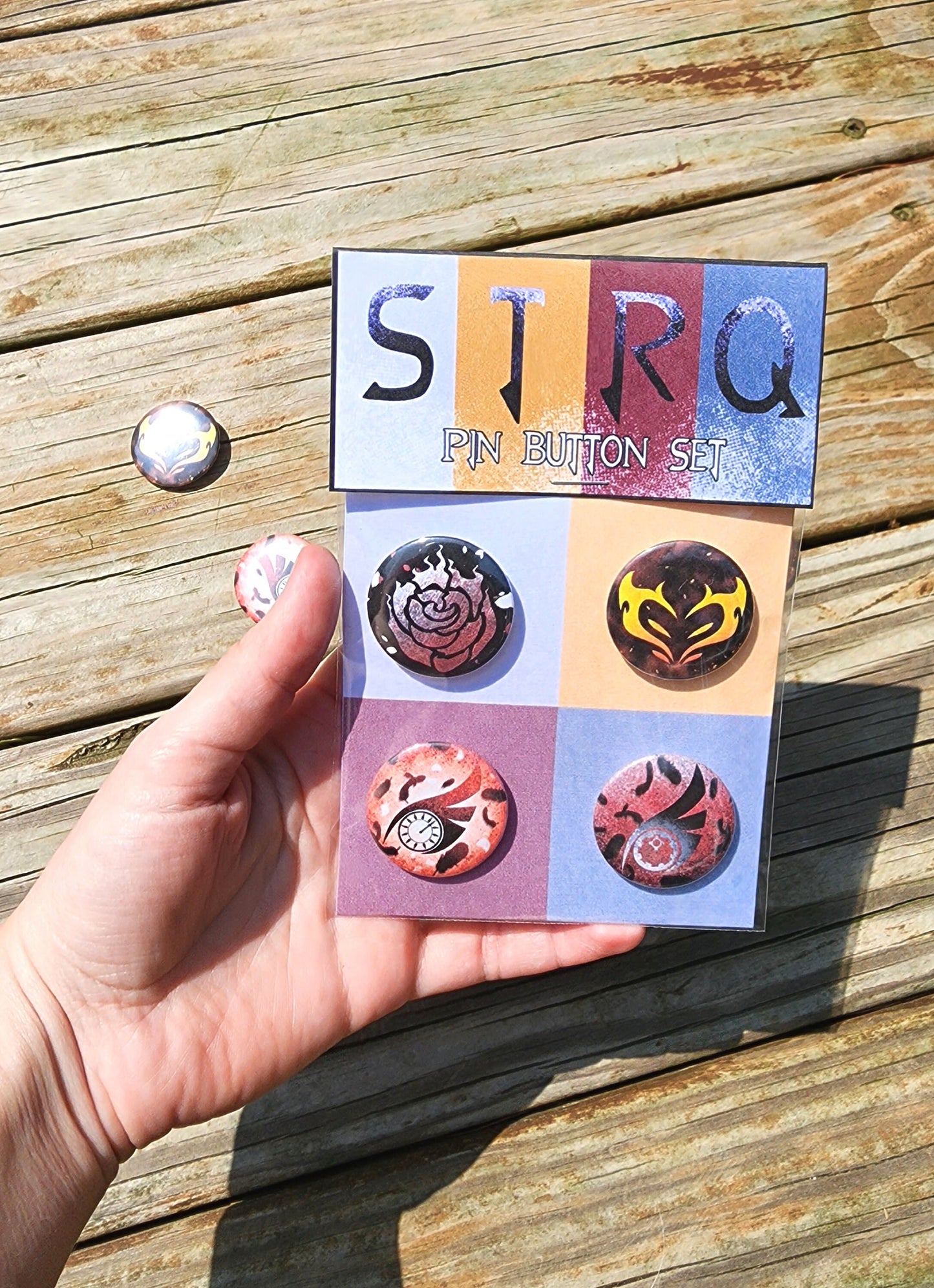 Team STRQ PIN Buttons SET 1.25" 32mm pinback button badge emblem pack Summer Rose, Taiyang, Raven and Qrow Branwen symbol pins collection Sweethaven Cottage Set STRQ