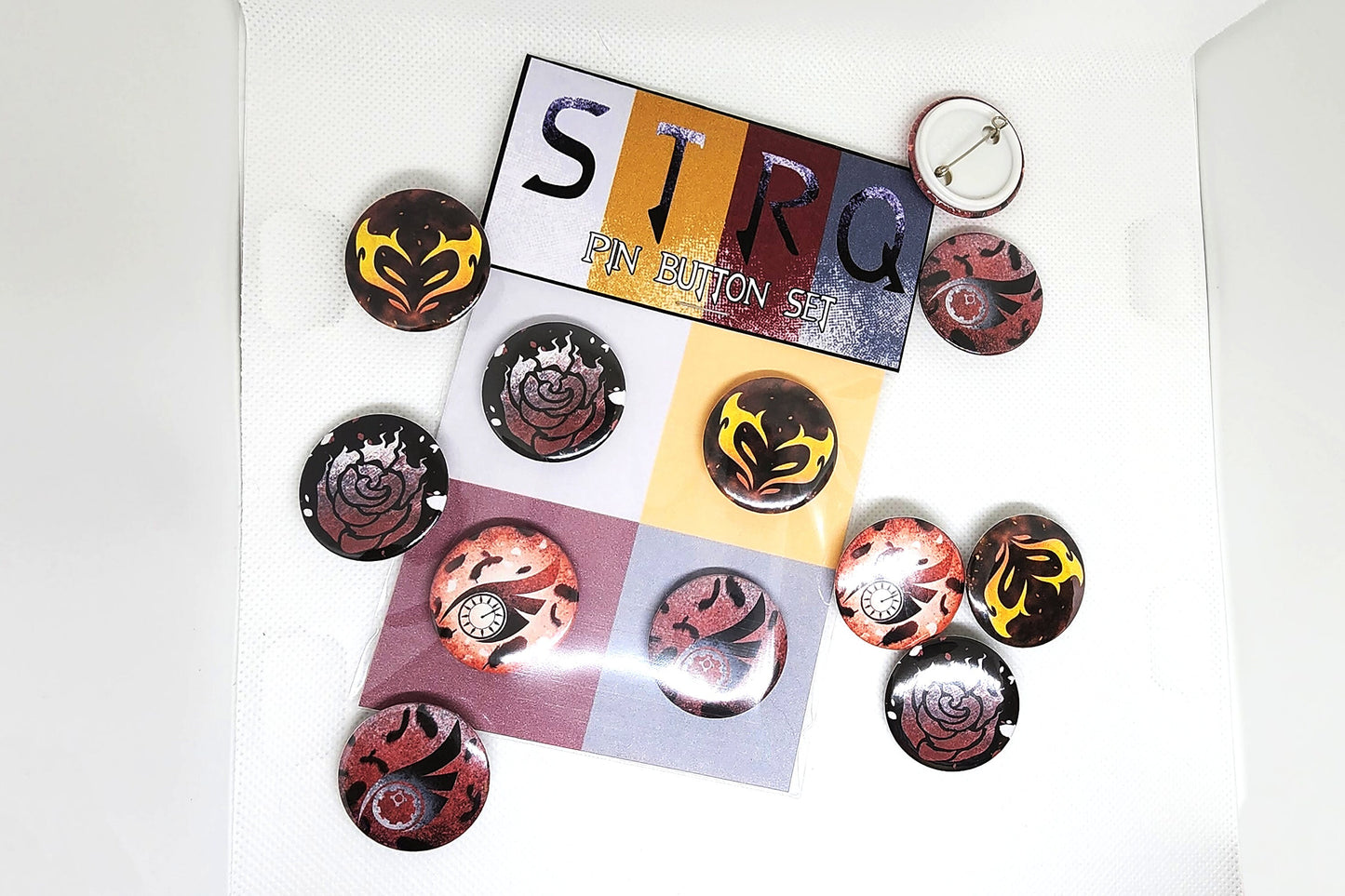 Team STRQ PIN Buttons SET 1.25" 32mm pinback button badge emblem pack Summer Rose, Taiyang, Raven and Qrow Branwen symbol pins collection Sweethaven Cottage