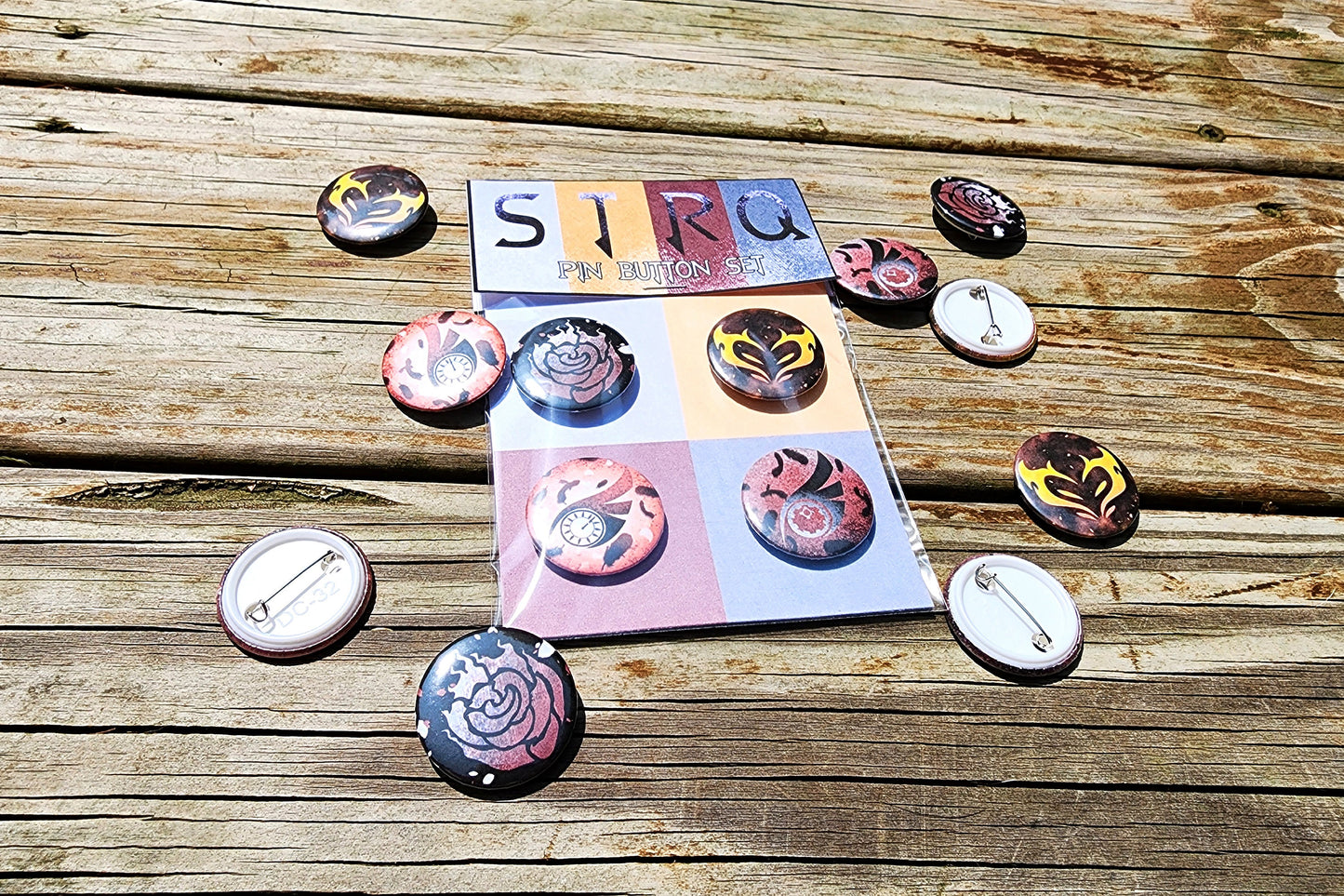 Team STRQ PIN Buttons SET 1.25" 32mm pinback button badge emblem pack Summer Rose, Taiyang, Raven and Qrow Branwen symbol pins collection Sweethaven Cottage