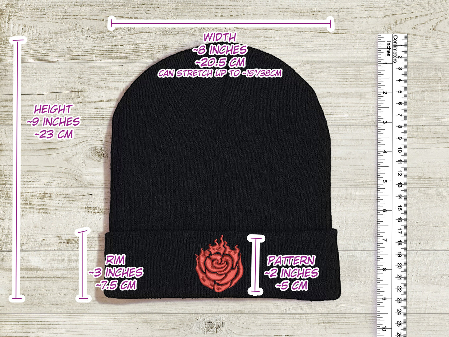 Ruby Rose Embroidered Beanie hat | Custom cozy winter knitted skull cap with Ruby's emblem Sweethaven Cottage