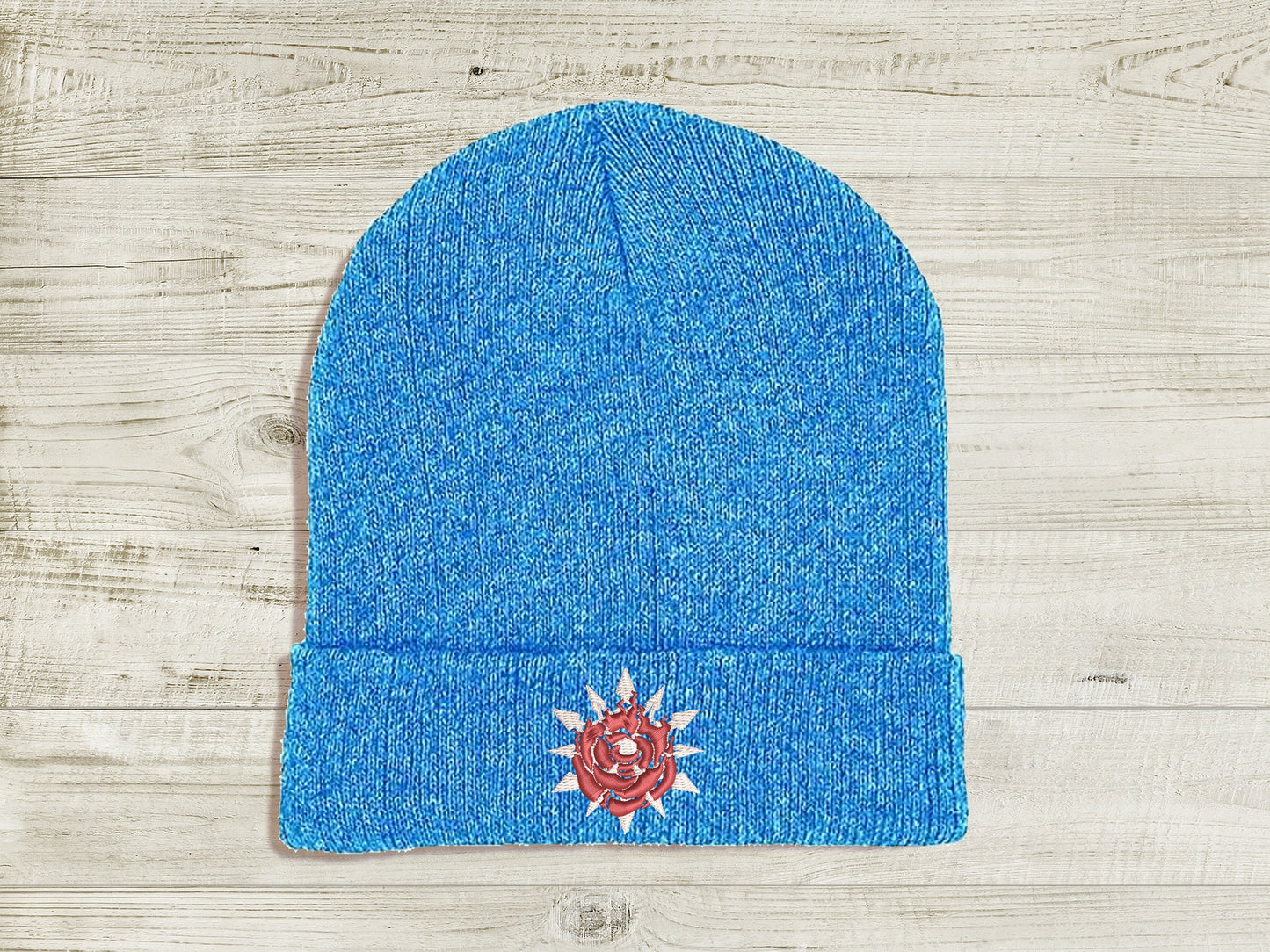 WhiteRose Embroidered Beanie hat | Custom cozy winter knitted skull cap with Weiss and Ruby's emblems Sweethaven Cottage Blue