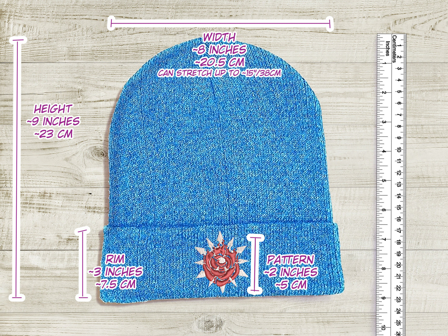 WhiteRose Embroidered Beanie hat | Custom cozy winter knitted skull cap with Weiss and Ruby's emblems Sweethaven Cottage