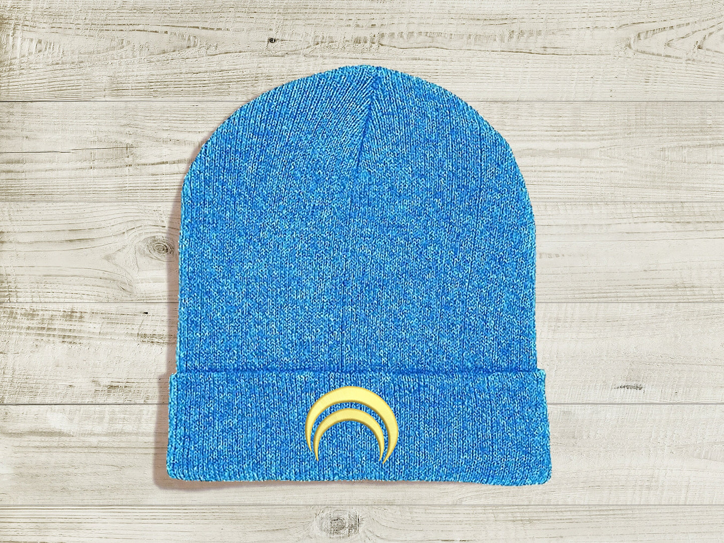 Jaune Arc JNPR Embroidered Beanie hat | Custom cozy winter knitted skull cap with Jaune's emblem Sweethaven Cottage Blue White
