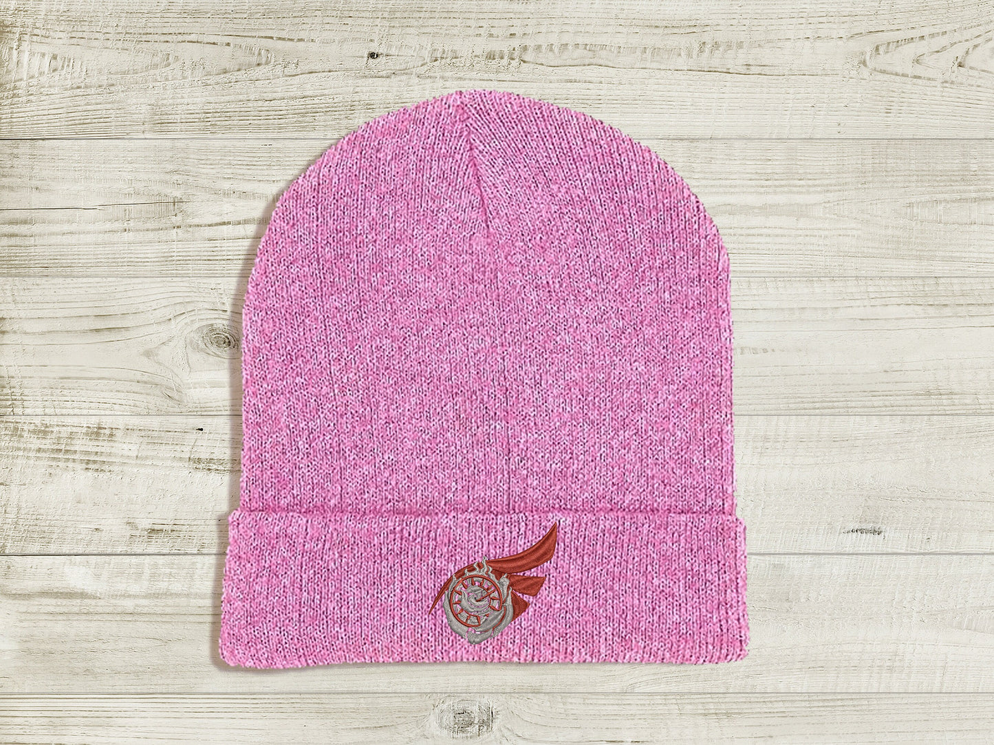 RoseBird Embroidered Beanie hat | Custom cozy winter knitted skull cap with Summer Rose and Raven Branwen's emblems Sweethaven Cottage Pink