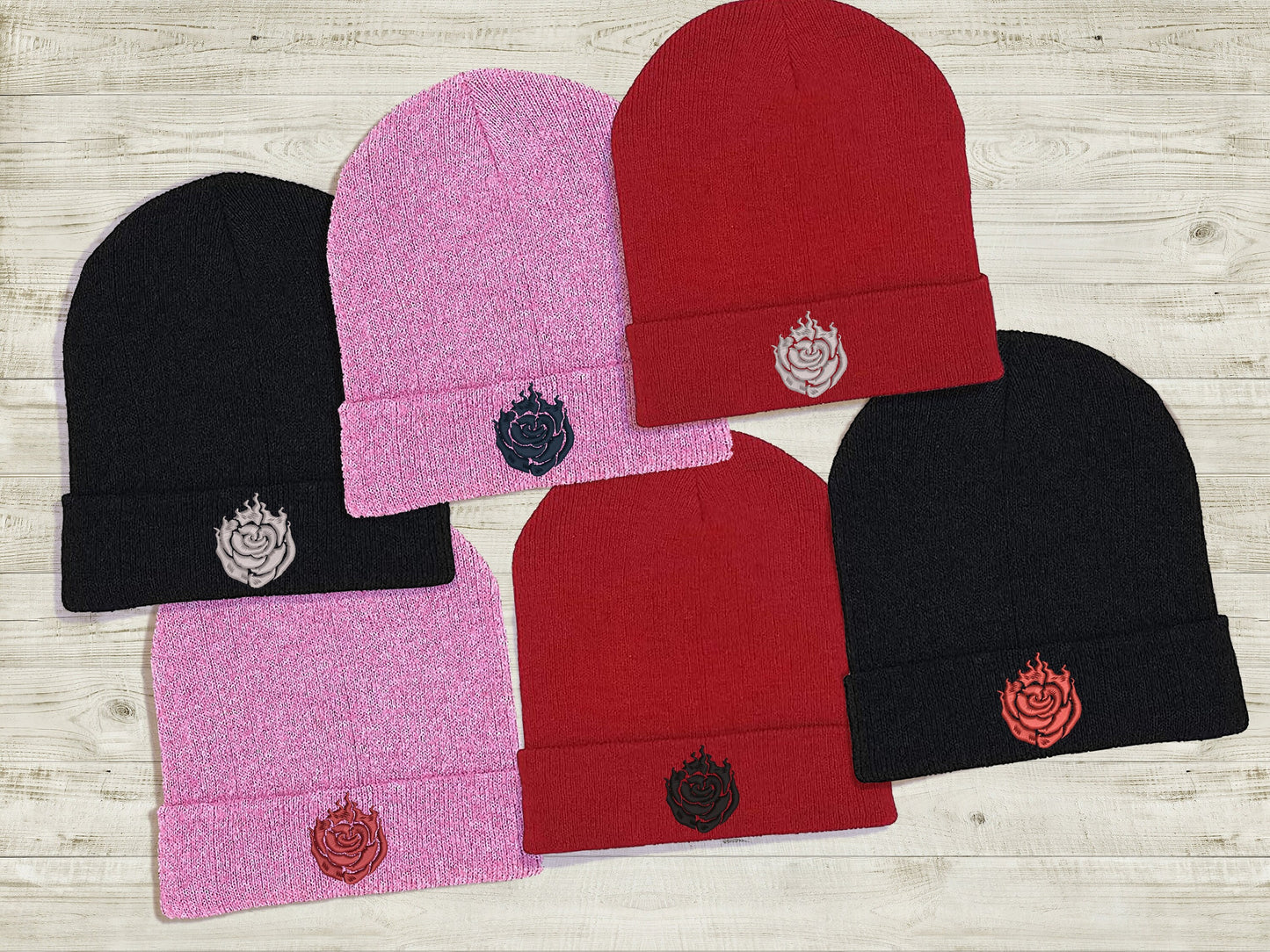 Ruby Rose Embroidered Beanie hat | Custom cozy winter knitted skull cap with Ruby's emblem Sweethaven Cottage