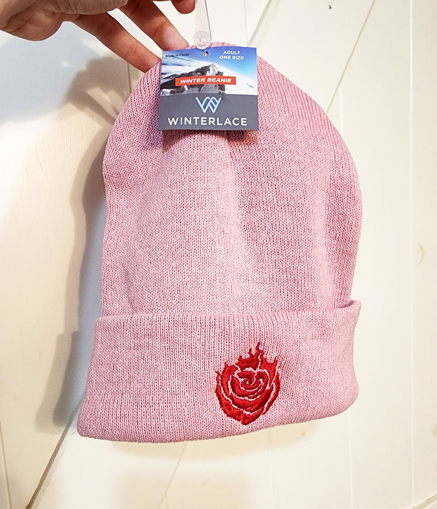 Ruby Rose Embroidered Beanie hat | Custom cozy winter knitted skull cap with Ruby's emblem Sweethaven Cottage