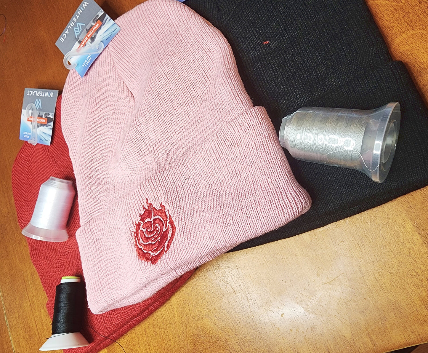 Ruby Rose Embroidered Beanie hat | Custom cozy winter knitted skull cap with Ruby's emblem Sweethaven Cottage