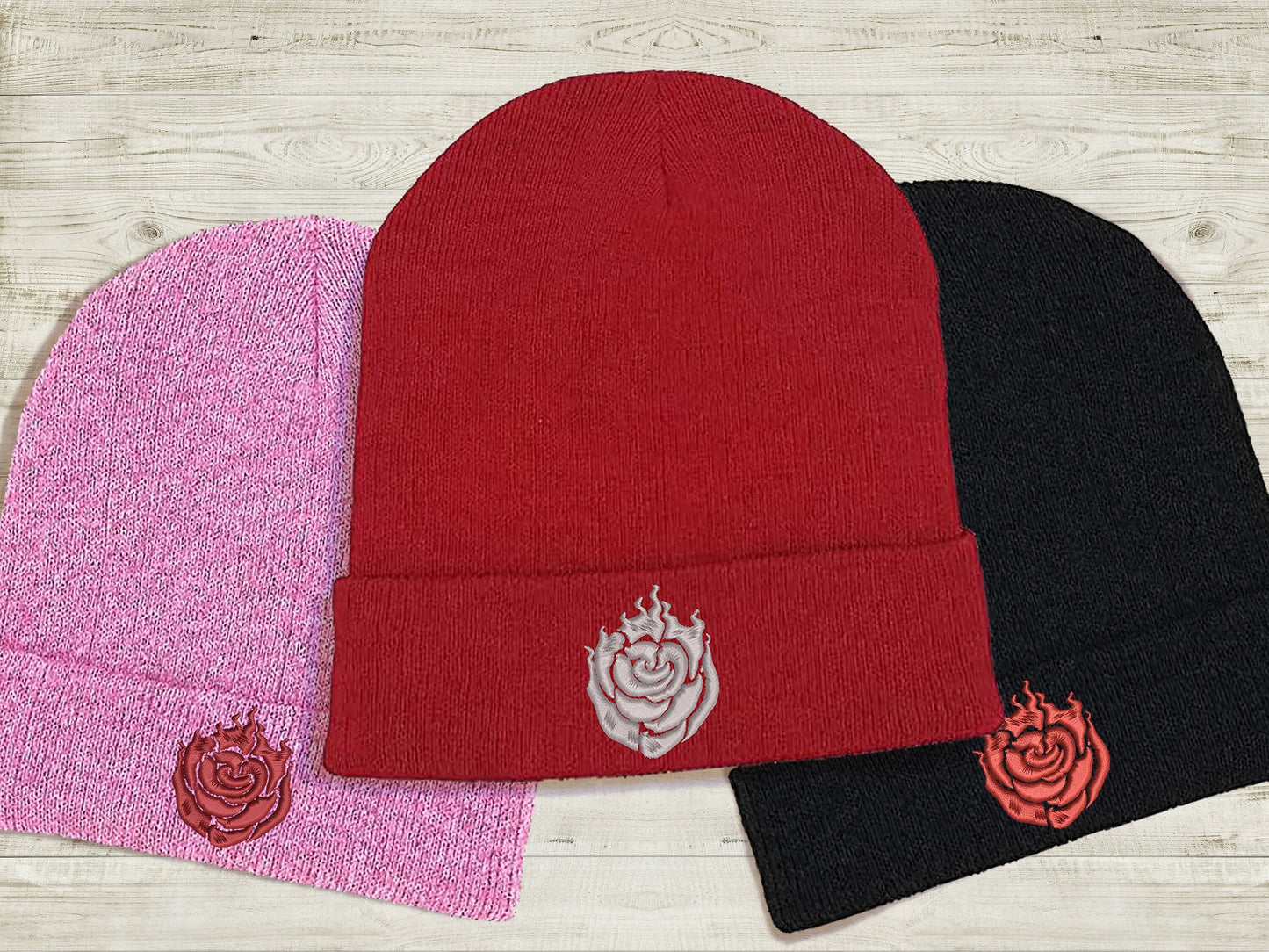 Ruby Rose Embroidered Beanie hat | Custom cozy winter knitted skull cap with Ruby's emblem Sweethaven Cottage