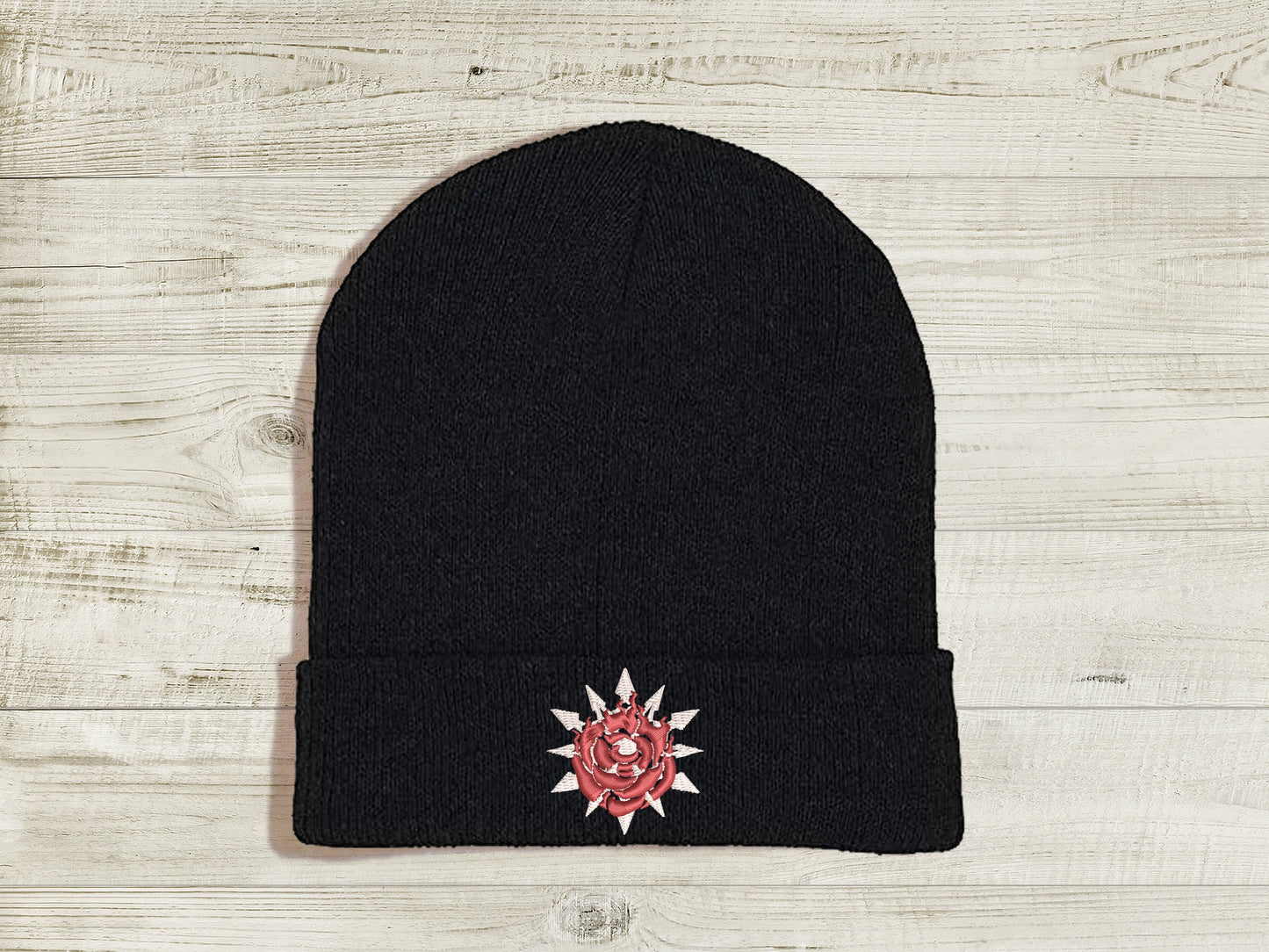WhiteRose Embroidered Beanie hat | Custom cozy winter knitted skull cap with Weiss and Ruby's emblems Sweethaven Cottage Black