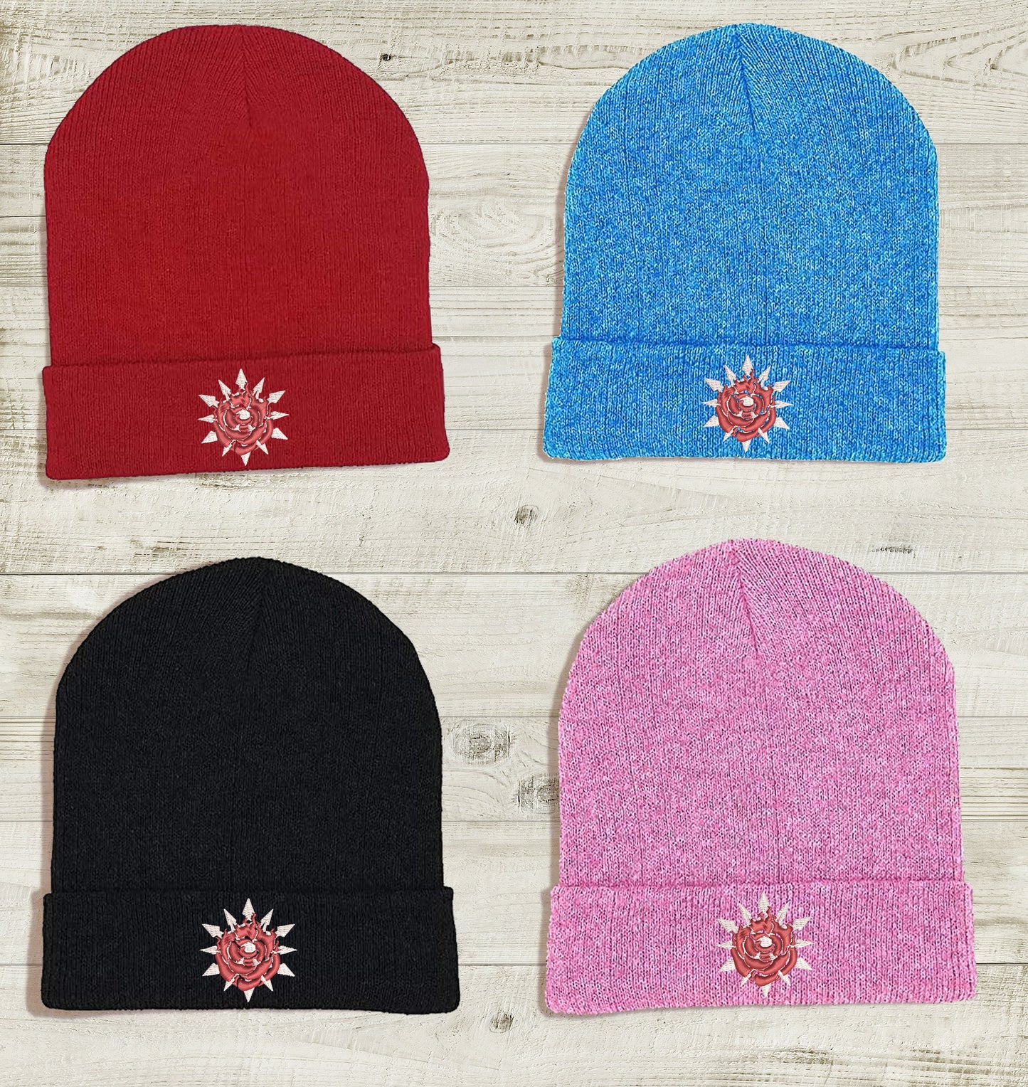 WhiteRose Embroidered Beanie hat | Custom cozy winter knitted skull cap with Weiss and Ruby's emblems Sweethaven Cottage