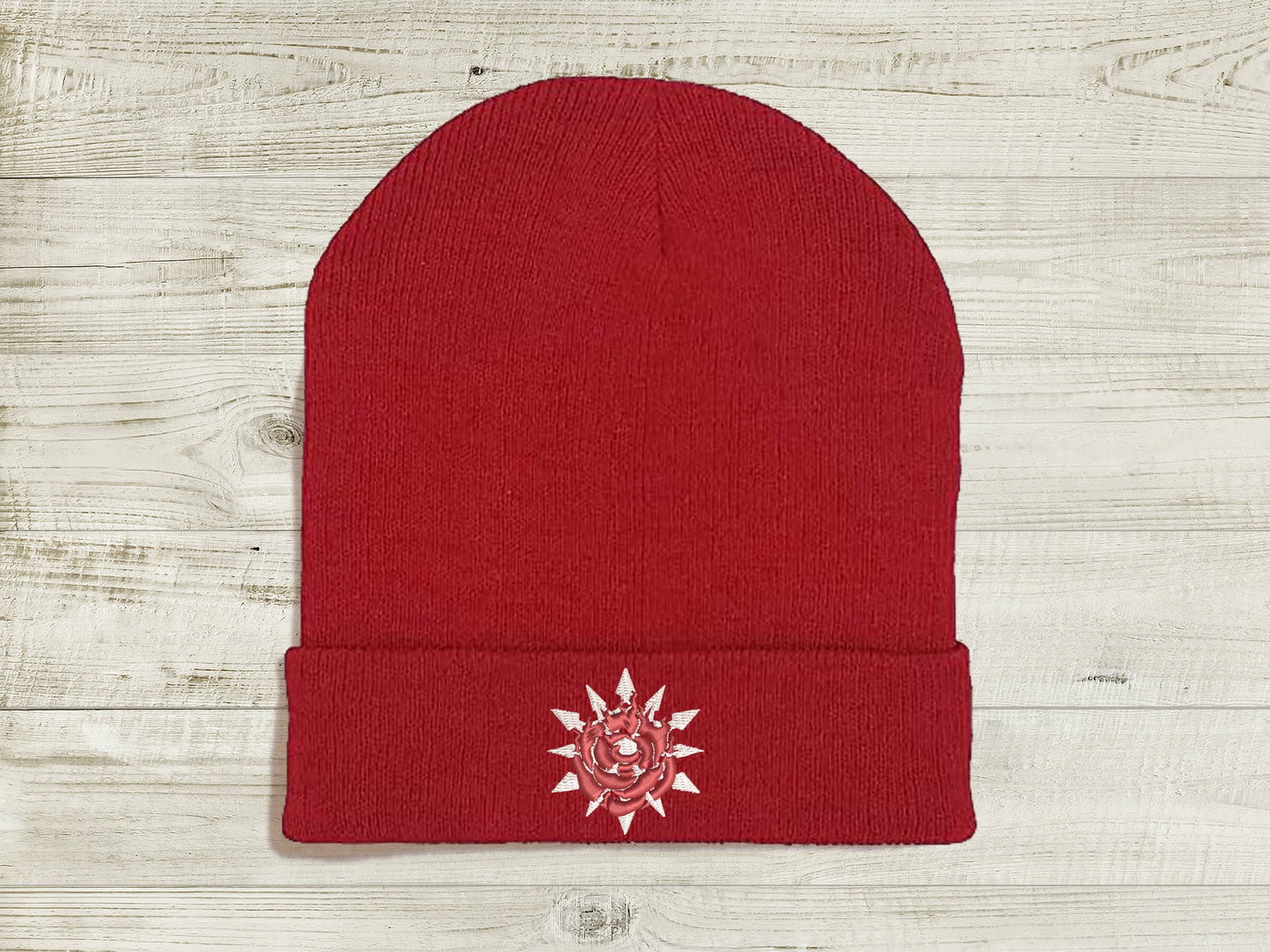 WhiteRose Embroidered Beanie hat | Custom cozy winter knitted skull cap with Weiss and Ruby's emblems Sweethaven Cottage Red