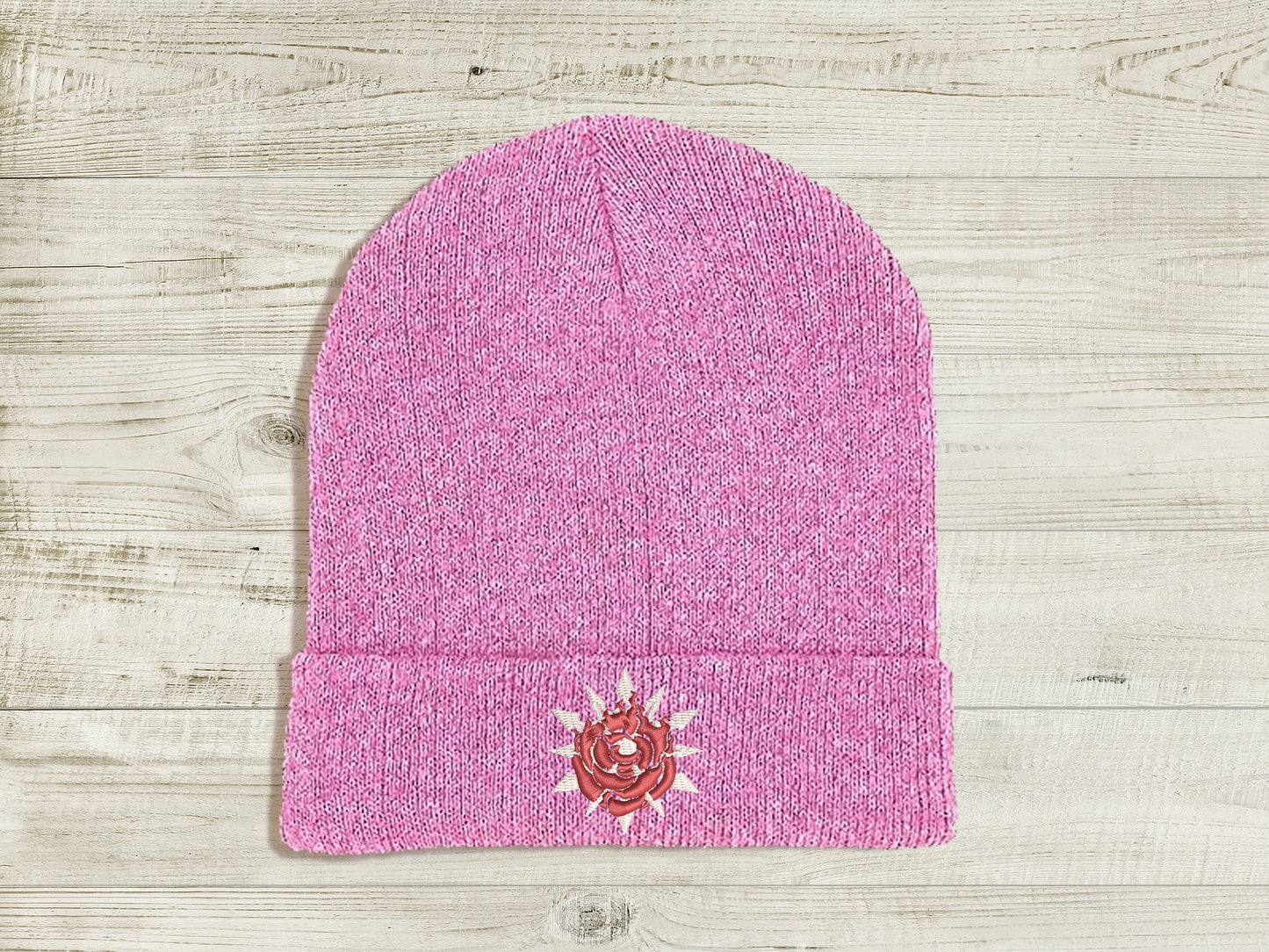 WhiteRose Embroidered Beanie hat | Custom cozy winter knitted skull cap with Weiss and Ruby's emblems Sweethaven Cottage Pink
