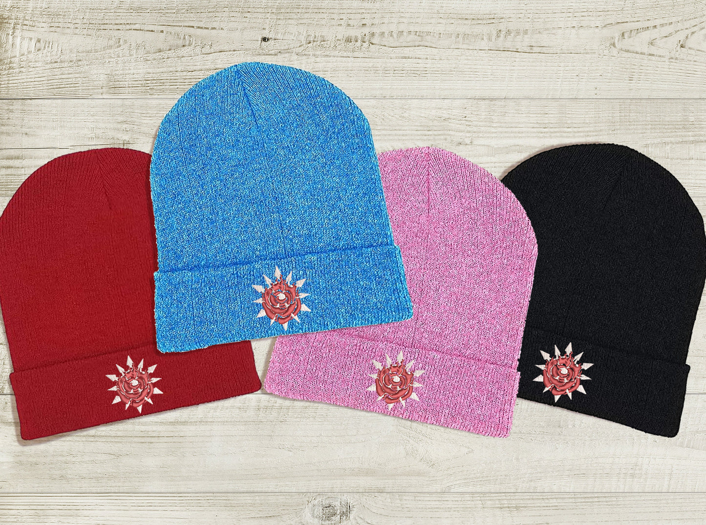 WhiteRose Embroidered Beanie hat | Custom cozy winter knitted skull cap with Weiss and Ruby's emblems Sweethaven Cottage